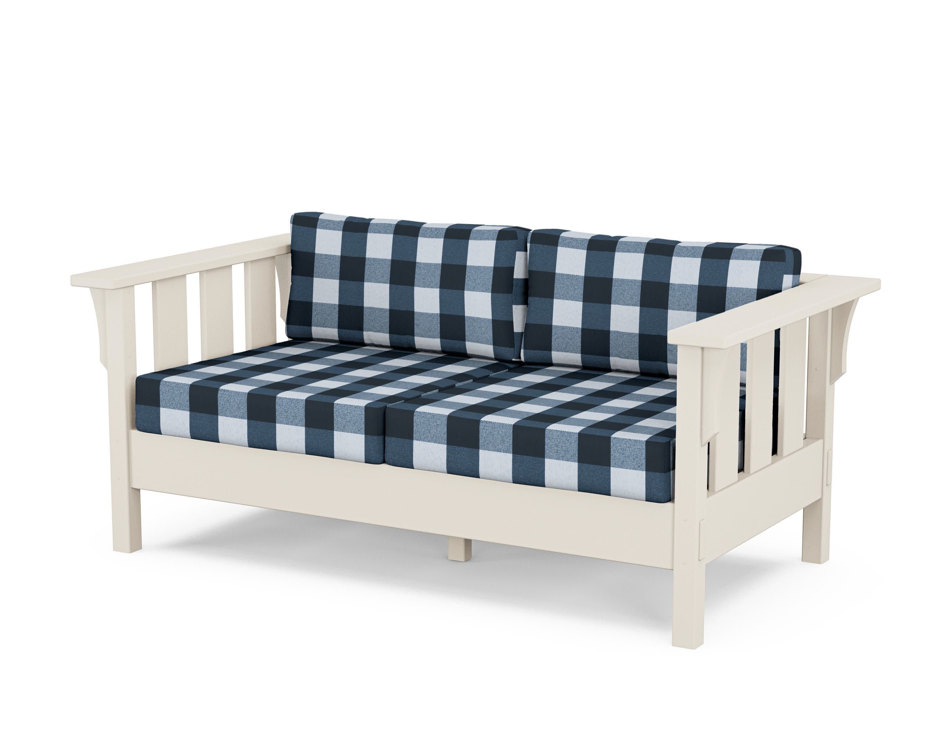 Acadia Deep Seating Loveseat in Sand / Buffalo Plaid Marine Indigo