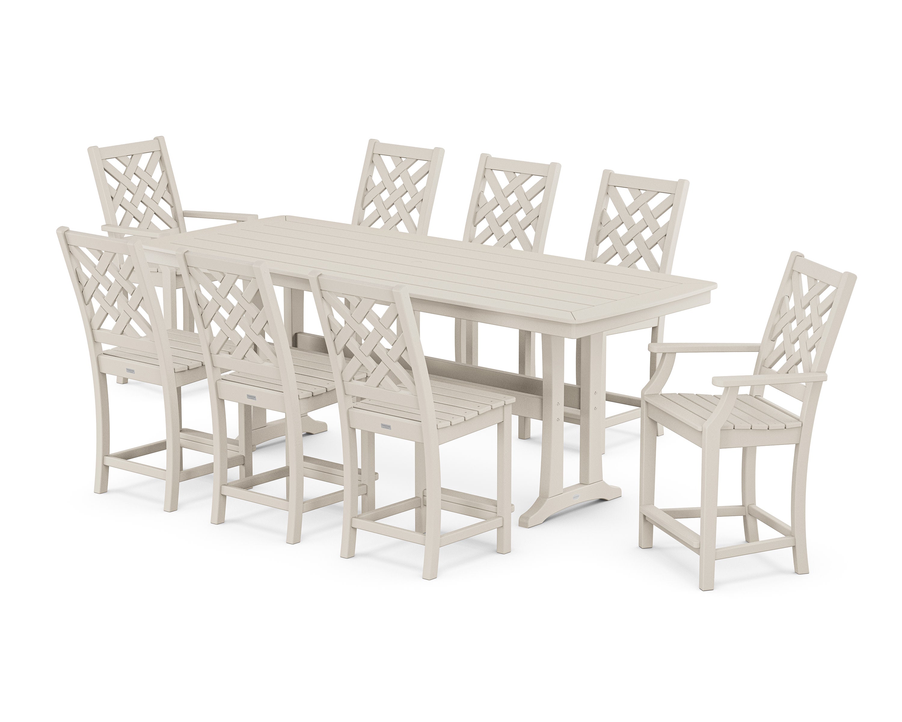 Wovendale 9-Piece Counter Set with Trestle Legs in Sand