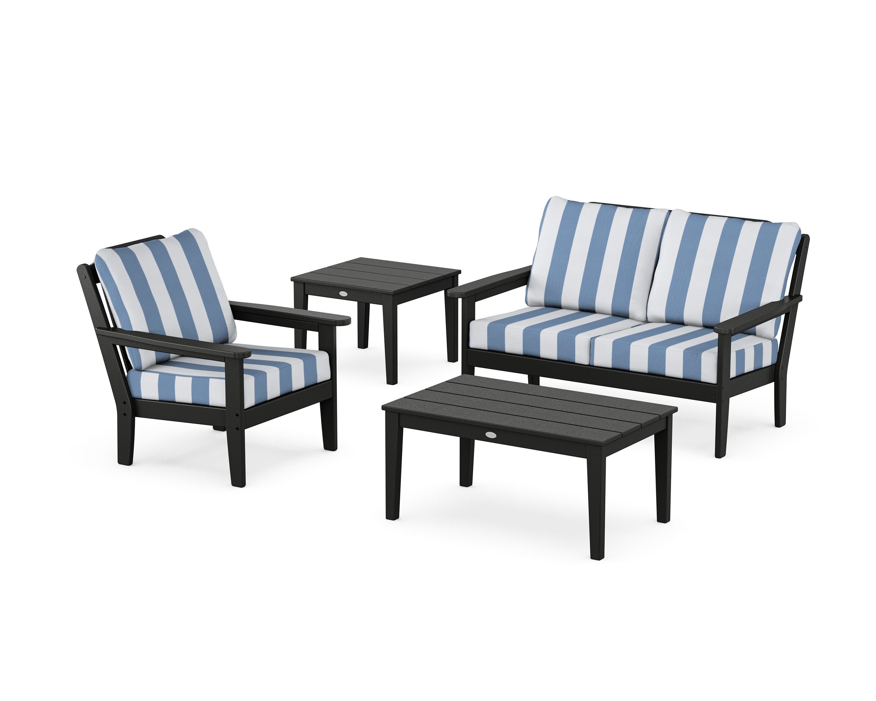 Wovendale 4-Piece Deep Seating Set in Black / Cabana Stripe Sky Blue