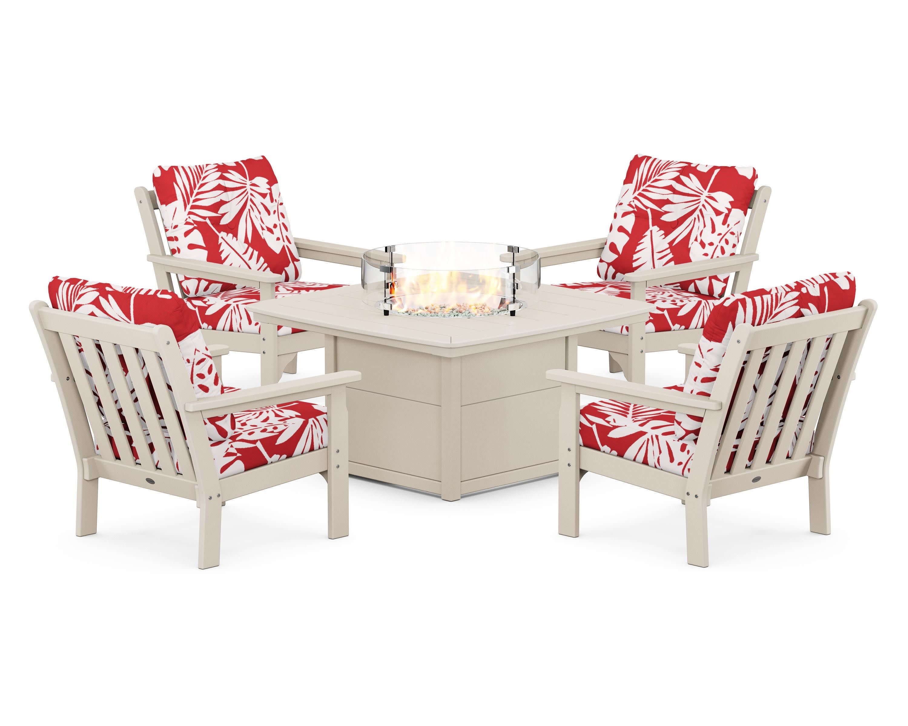 Vineyard 5-Piece Conversation Set with Fire Pit Table in Sand / Leaf Crimson