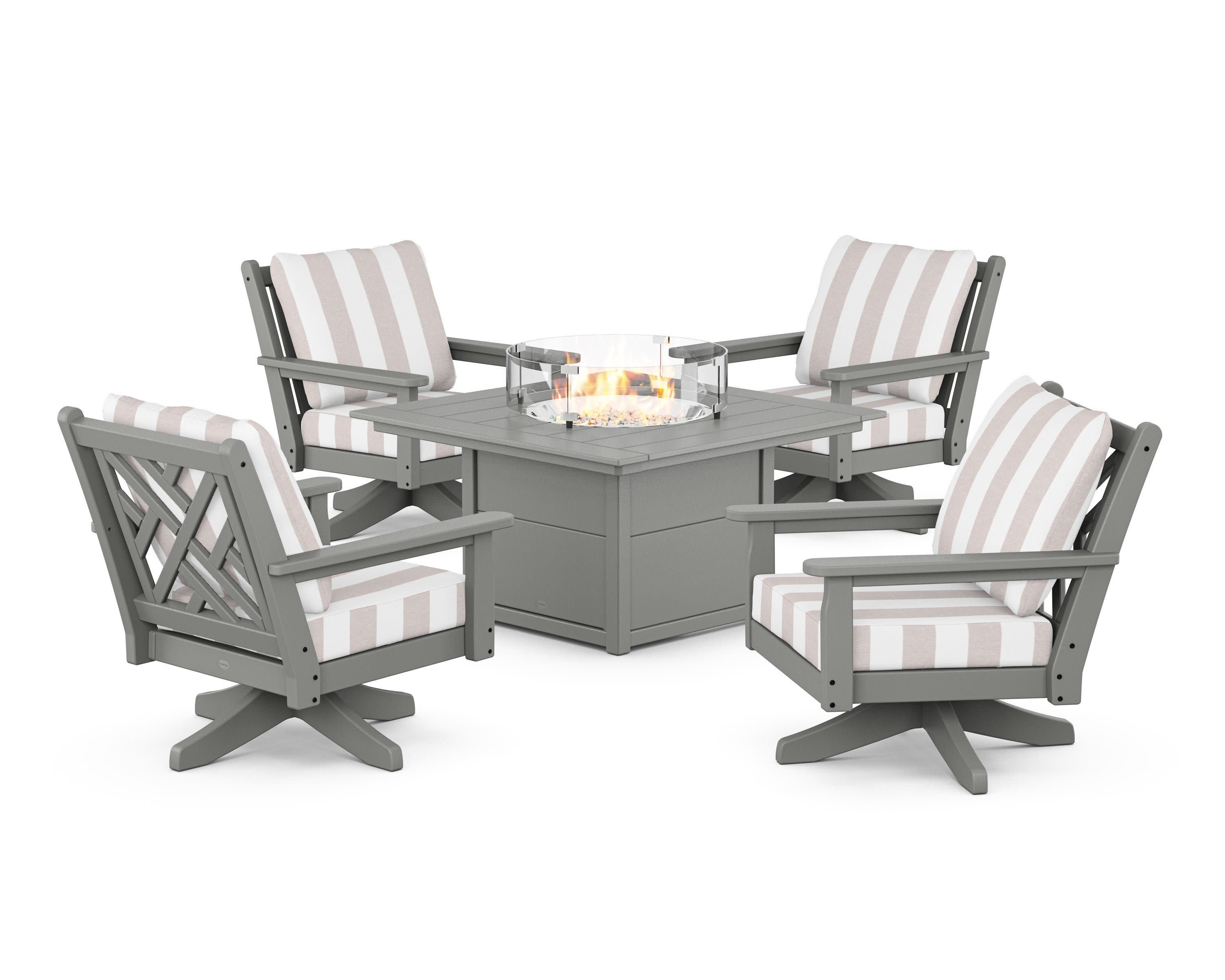 Chippendale 5-Piece Deep Seating Swivel Conversation Set with Fire Pit Table in Slate Grey / Cabana Stripe Dune Burlap