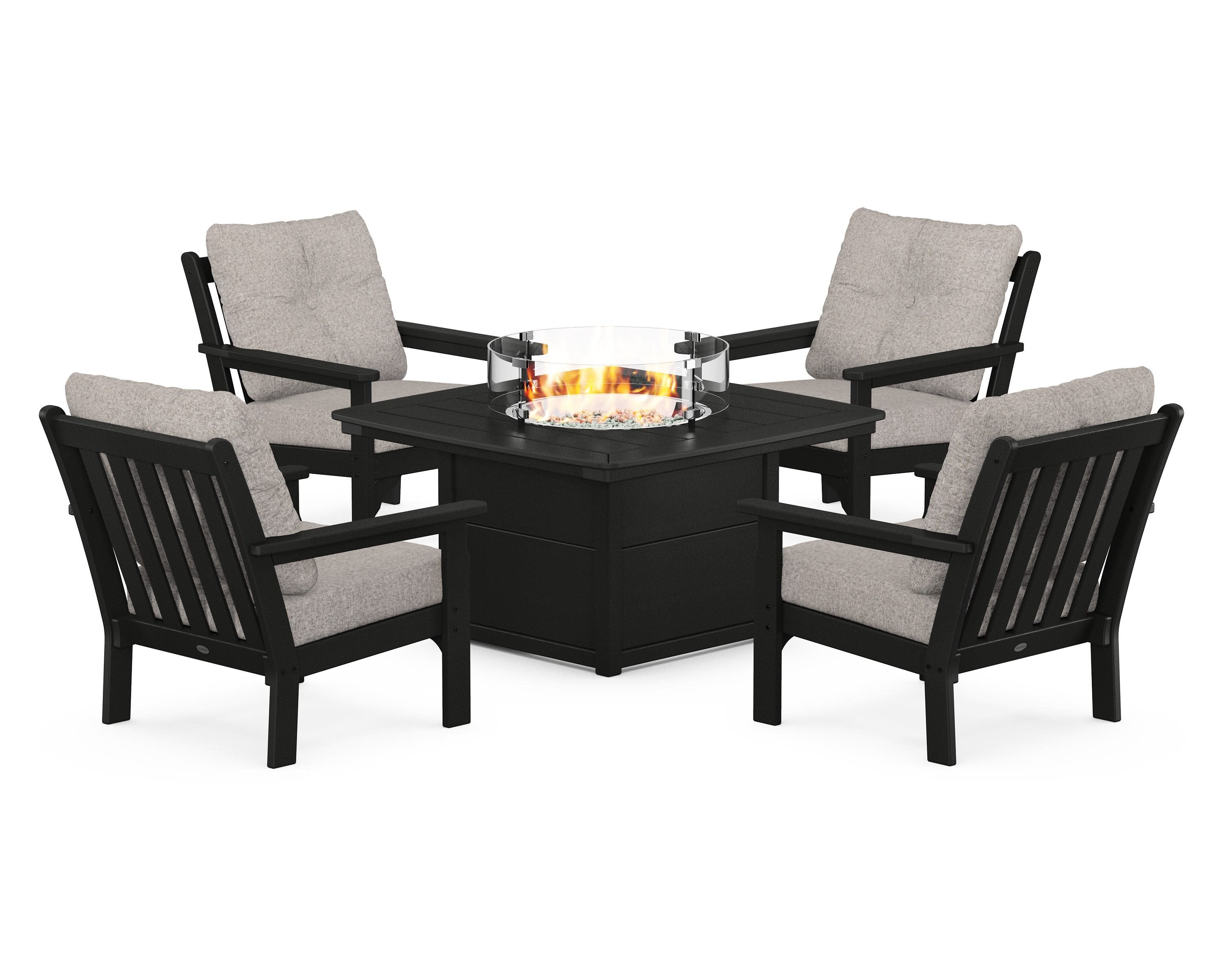 Vineyard 5-Piece Conversation Set with Fire Pit Table in Black / Weathered Tweed