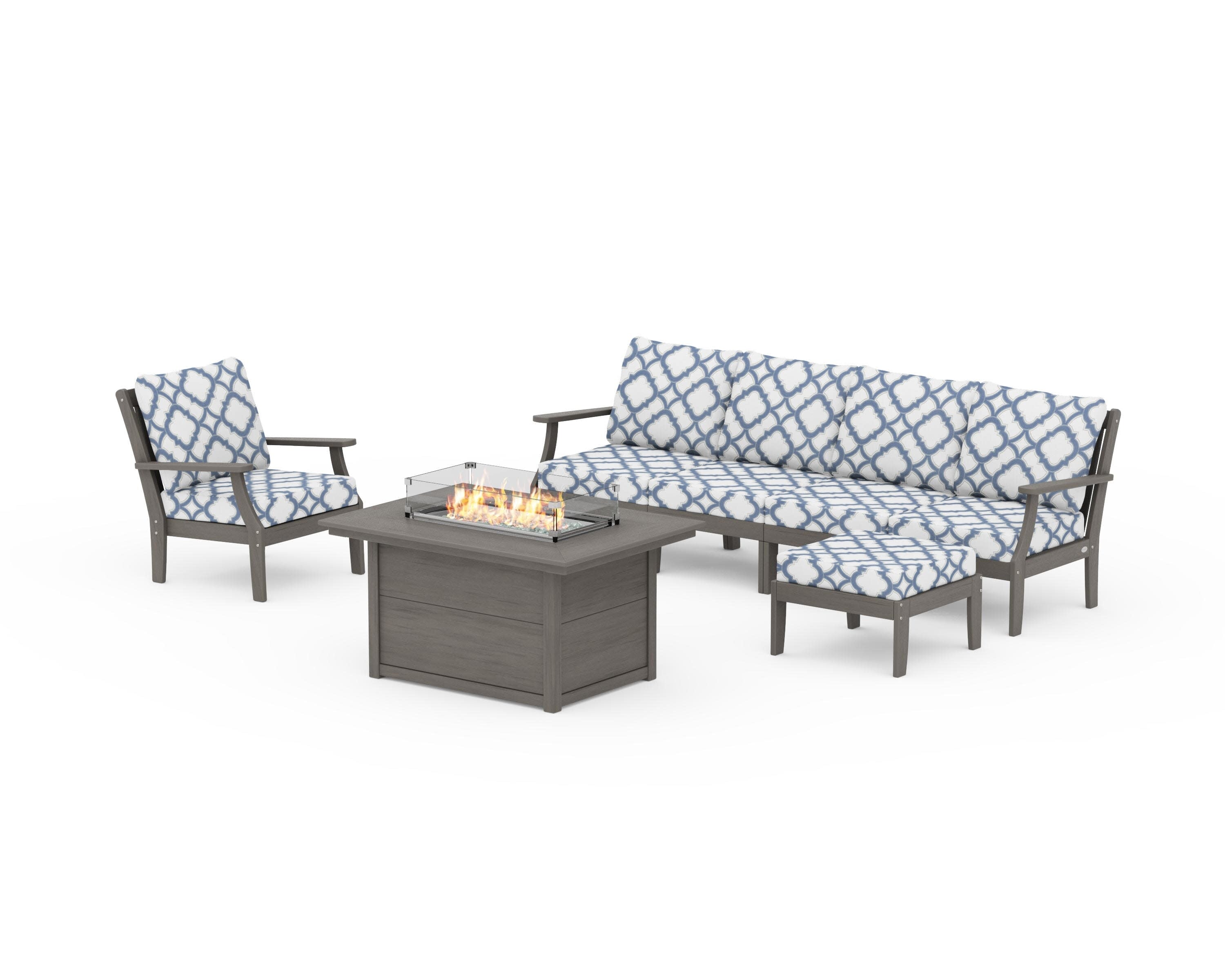 Braxton Sectional Lounge and Fire Pit Set in Driftwood / Trellis Sky Blue