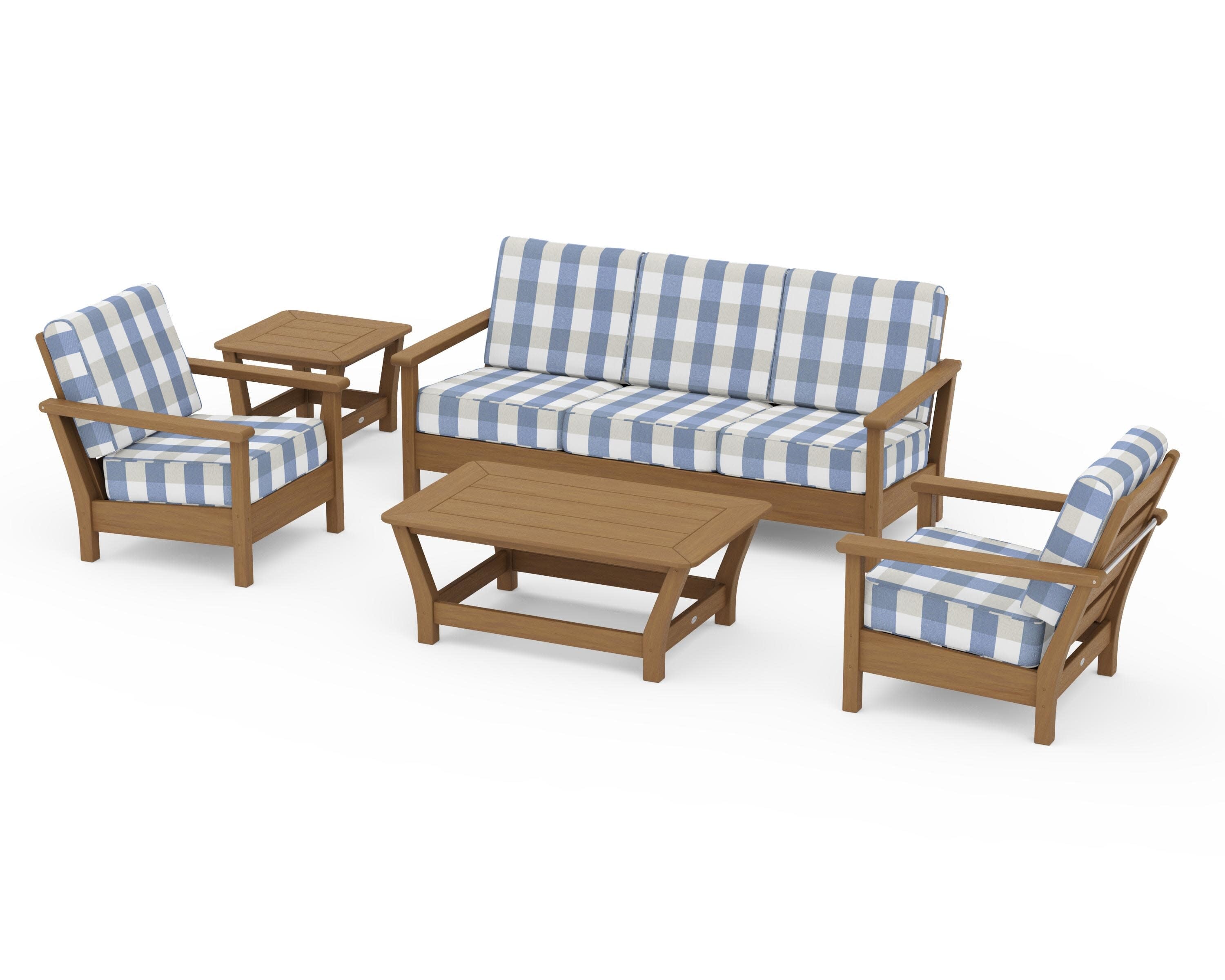 Harbour 5-Piece Deep Seating Set in Natural / Buffalo Plaid Sky Blue