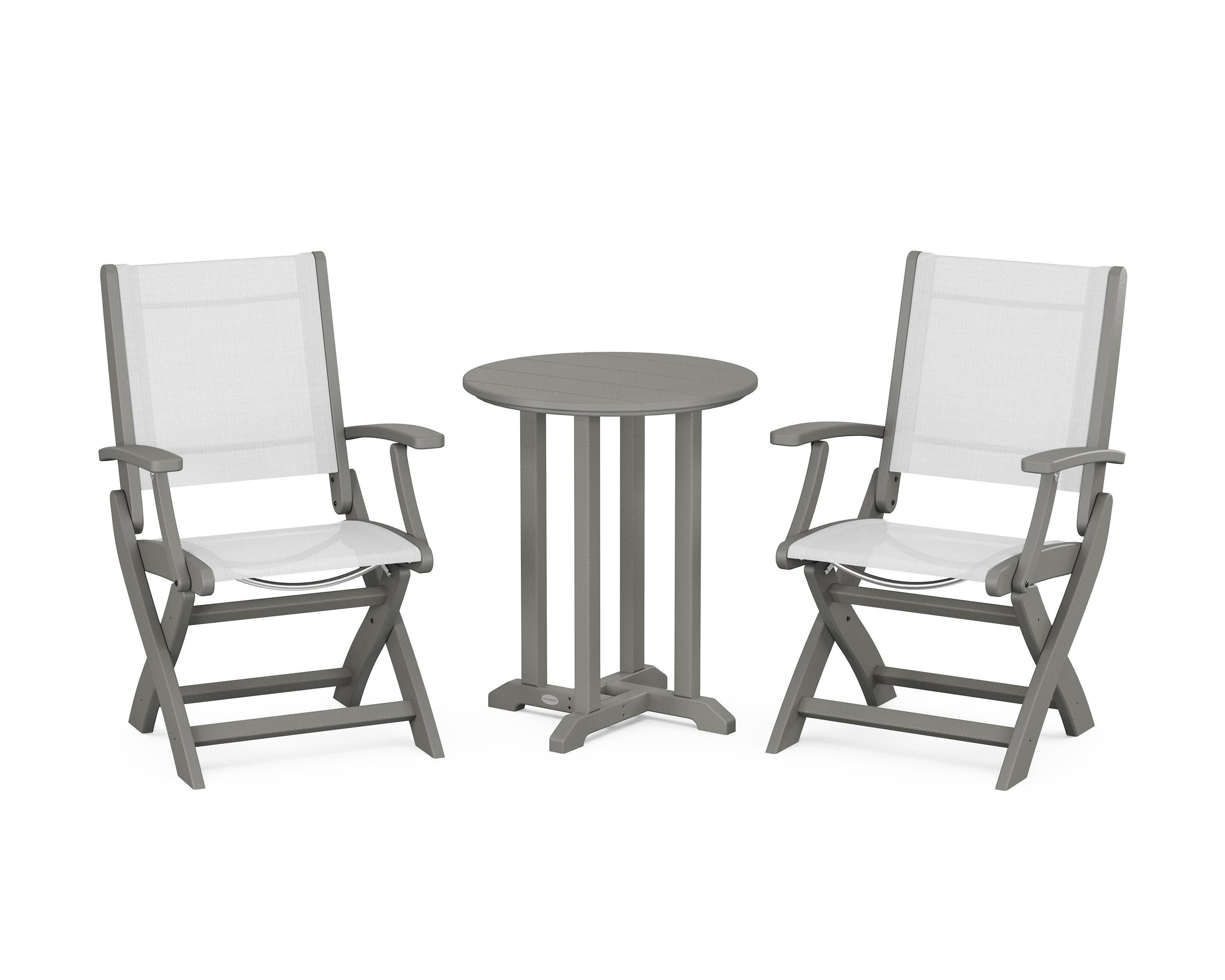 Coastal Folding 3-Piece Round Bistro Dining Set in Slate Grey / White Sling