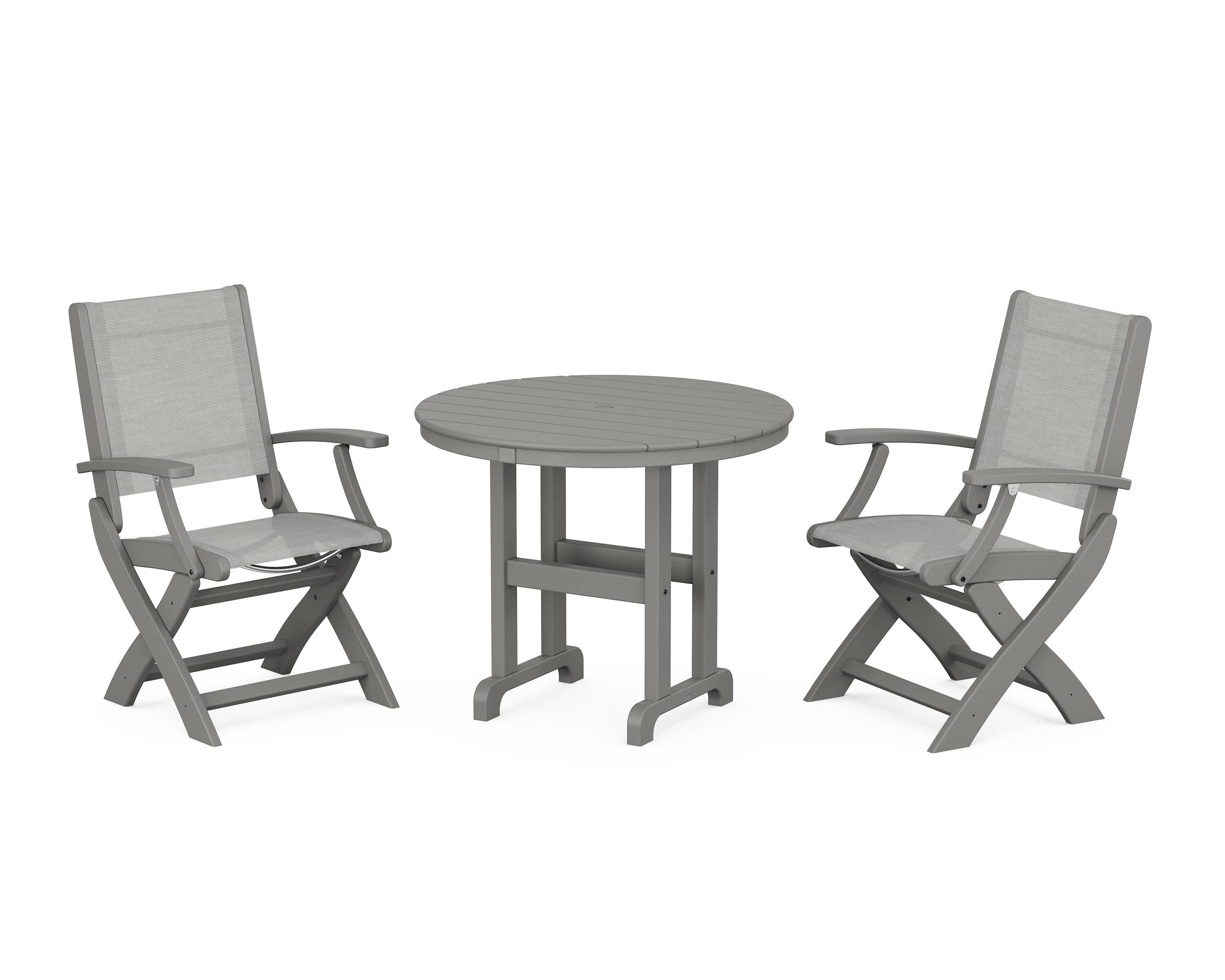 Coastal Folding Chair 3-Piece Round Dining Set in Slate Grey / Metallic Sling