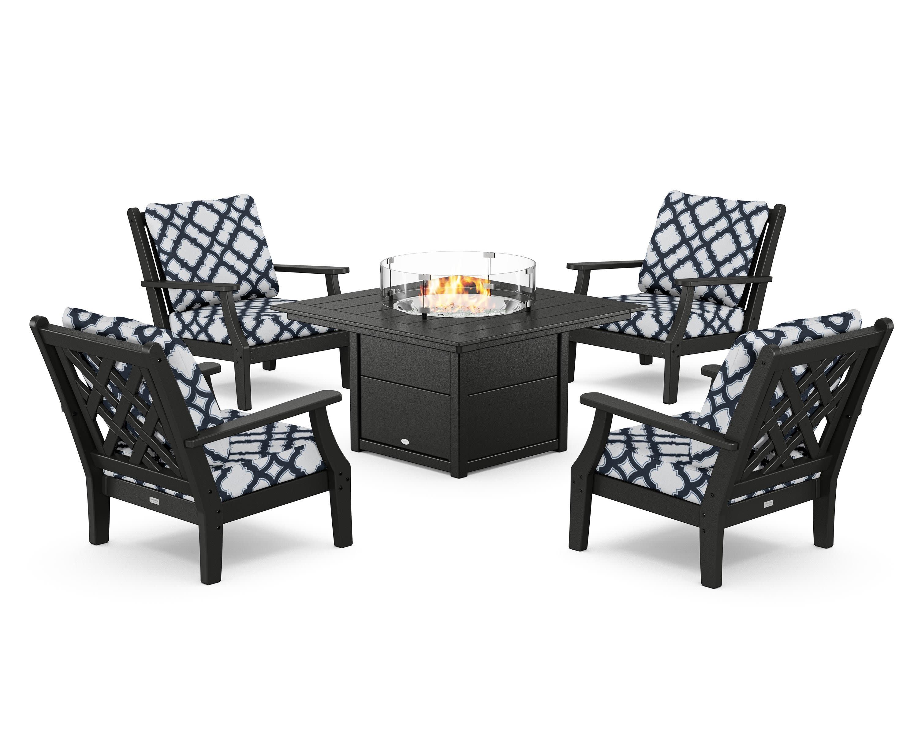 Wovendale 5-Piece Deep Seating Set with Fire Pit Table in Black / Trellis Marine Indigo