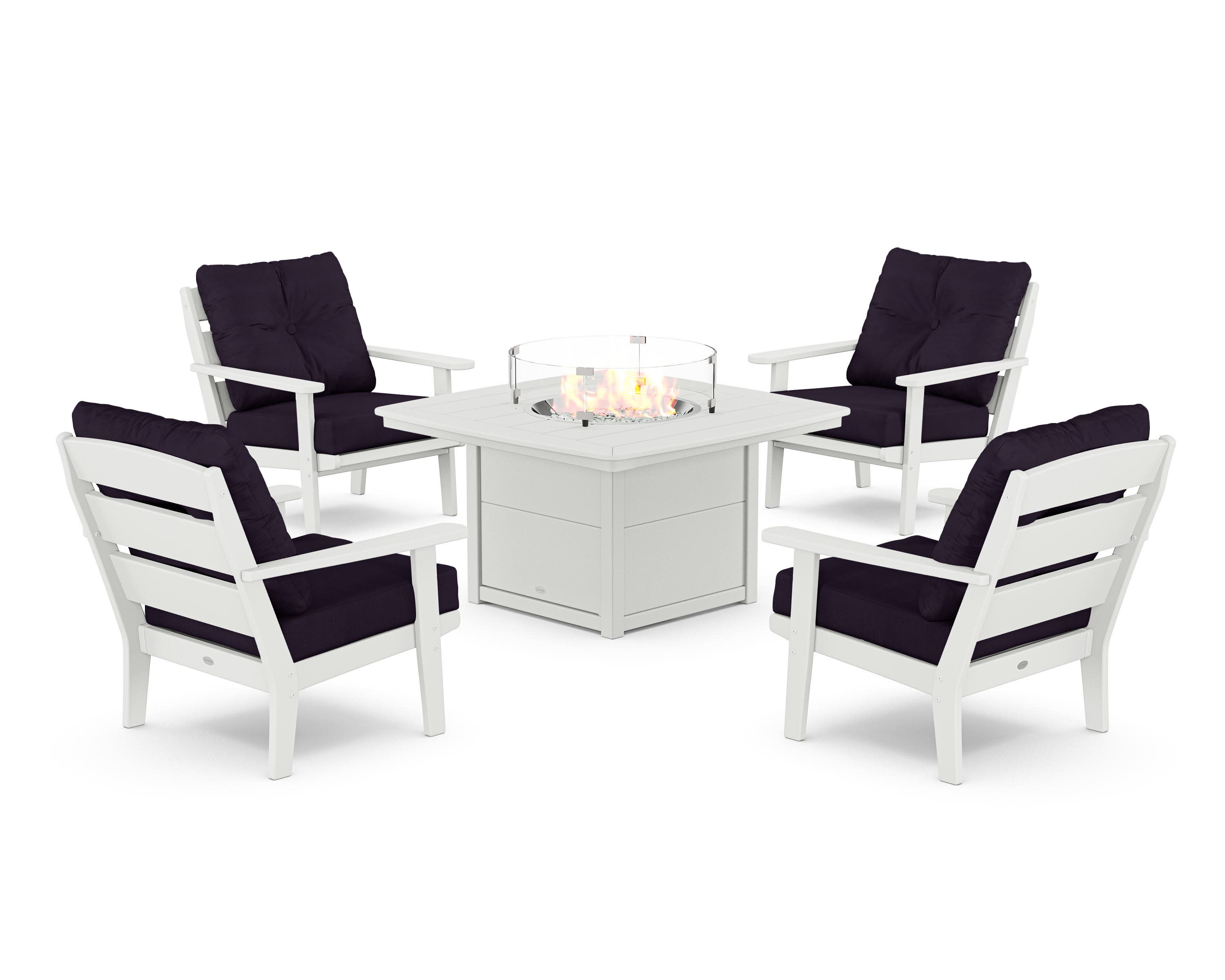Lakeside 5-Piece Deep Seating Set with Nautical Fire Pit Table in White / Navy Linen