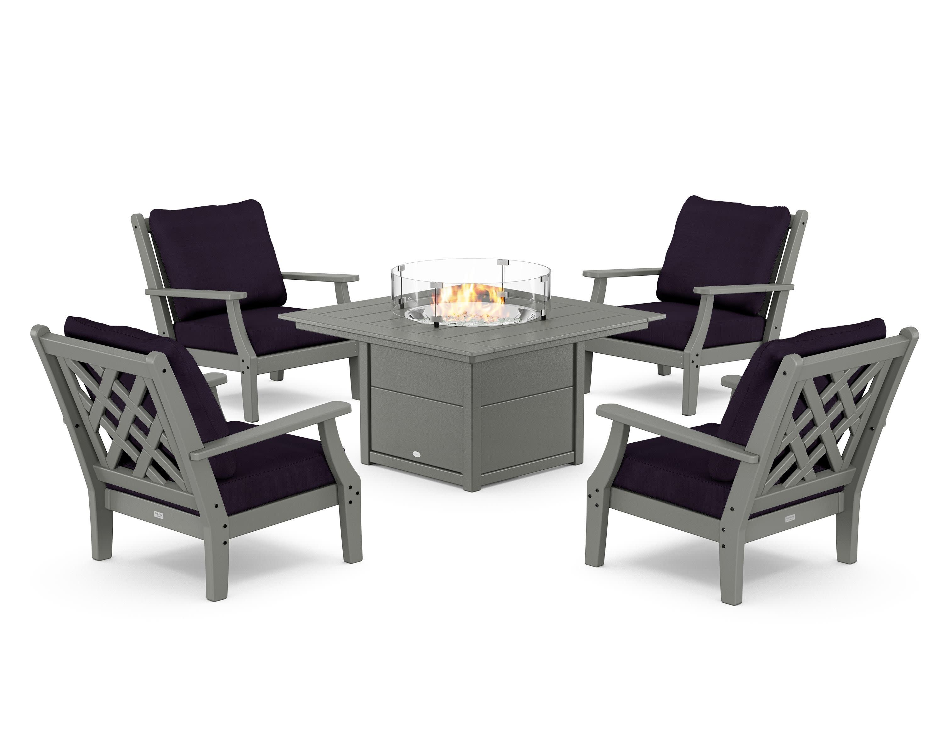 Wovendale 5-Piece Deep Seating Set with Fire Pit Table in Slate Grey / Navy Linen