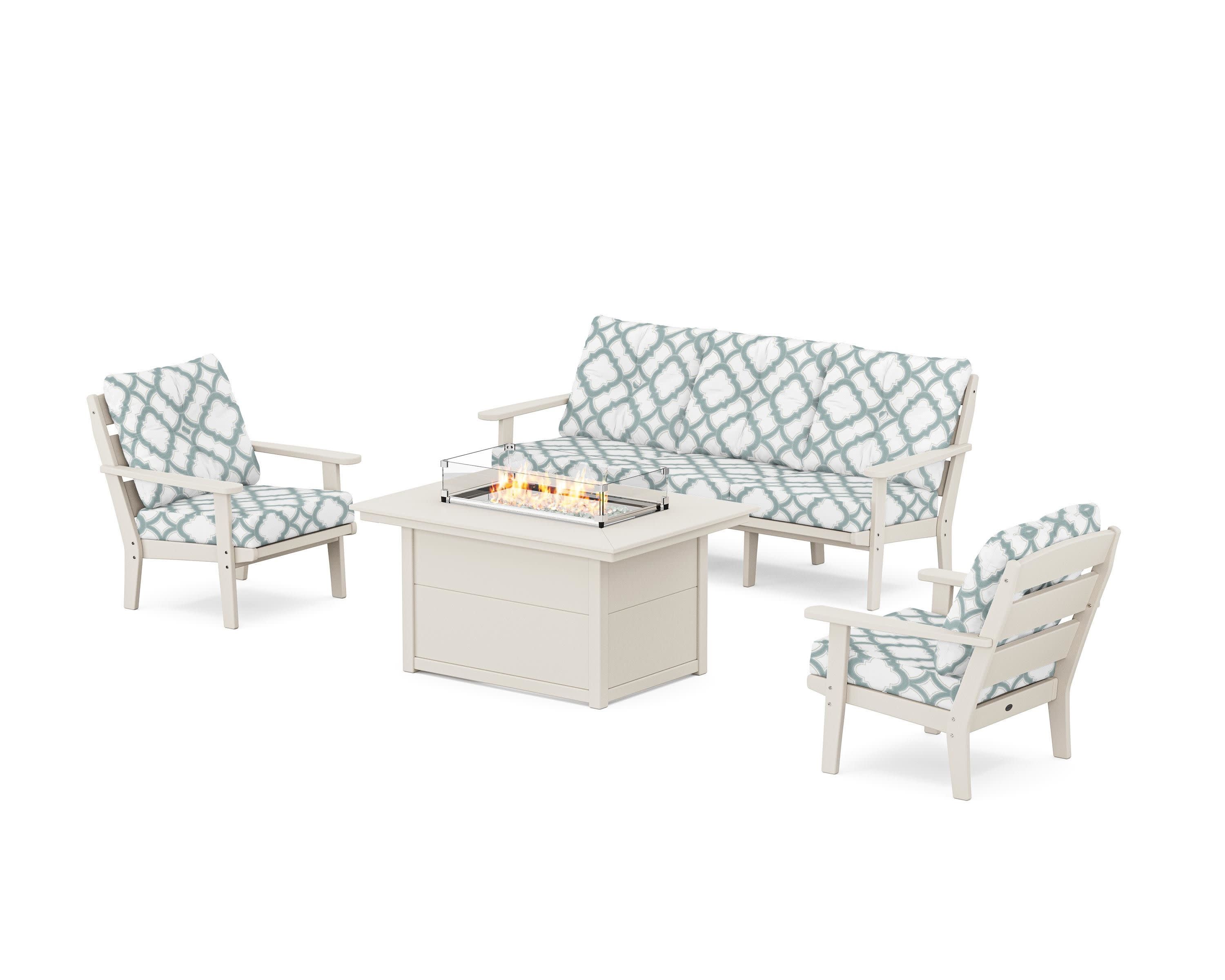 Lakeside Deep Seating Fire Pit Table Set in Sand / Trellis Glacier Spa