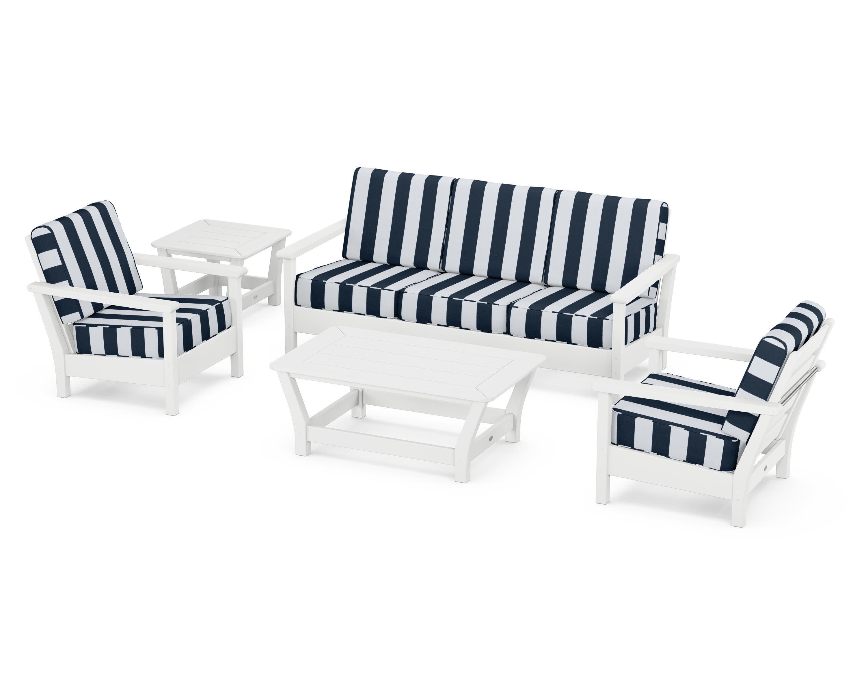 Harbour 5-Piece Deep Seating Set in White / Cabana Stripe Marine Indigo