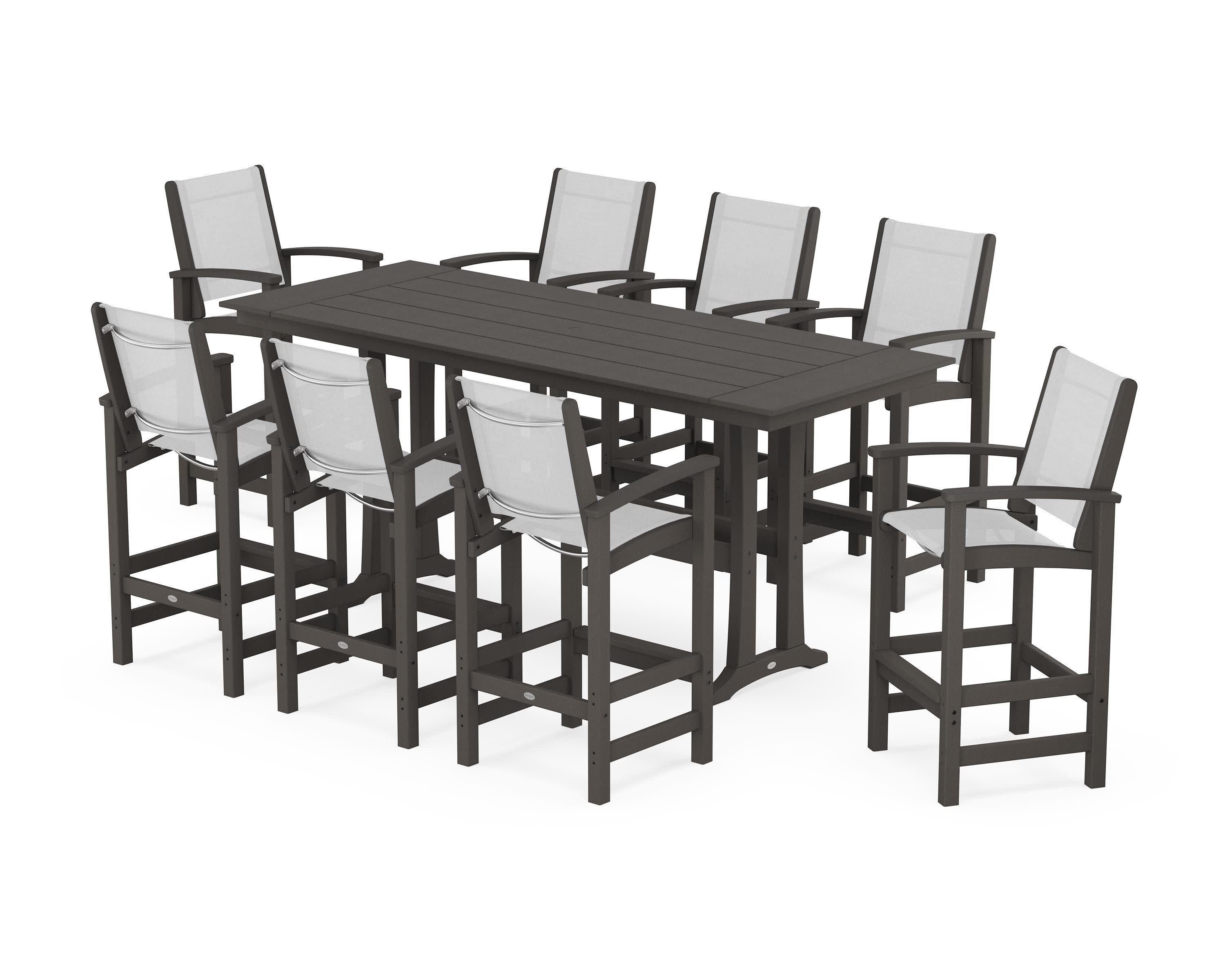 Coastal 9-Piece Farmhouse Bar Set with Trestle Legs in Vintage Coffee / White Sling