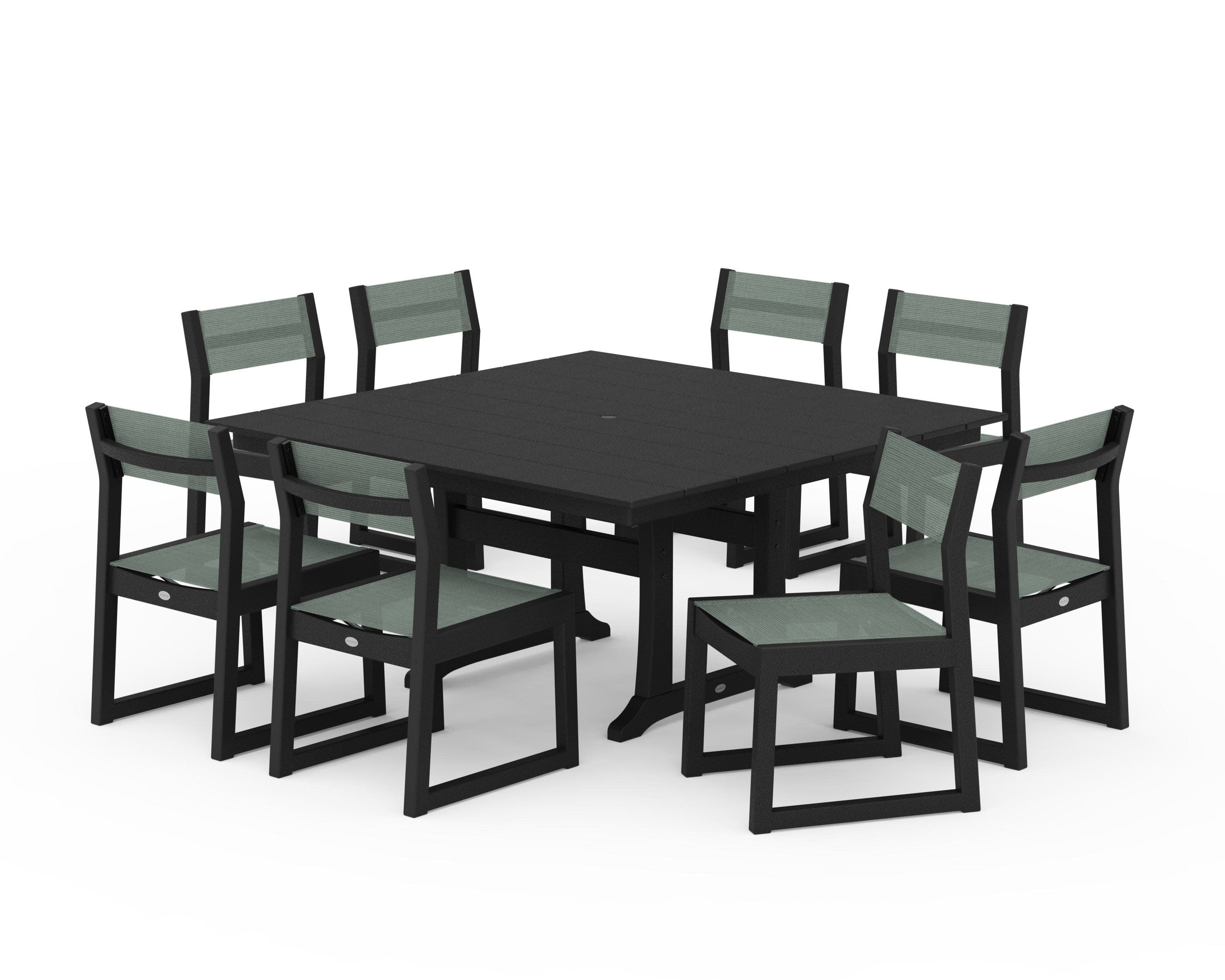 EDGE Sling Side Chair 9-Piece Farmhouse Trestle Dining Set in Black / Dupioni Sea Mist Sling