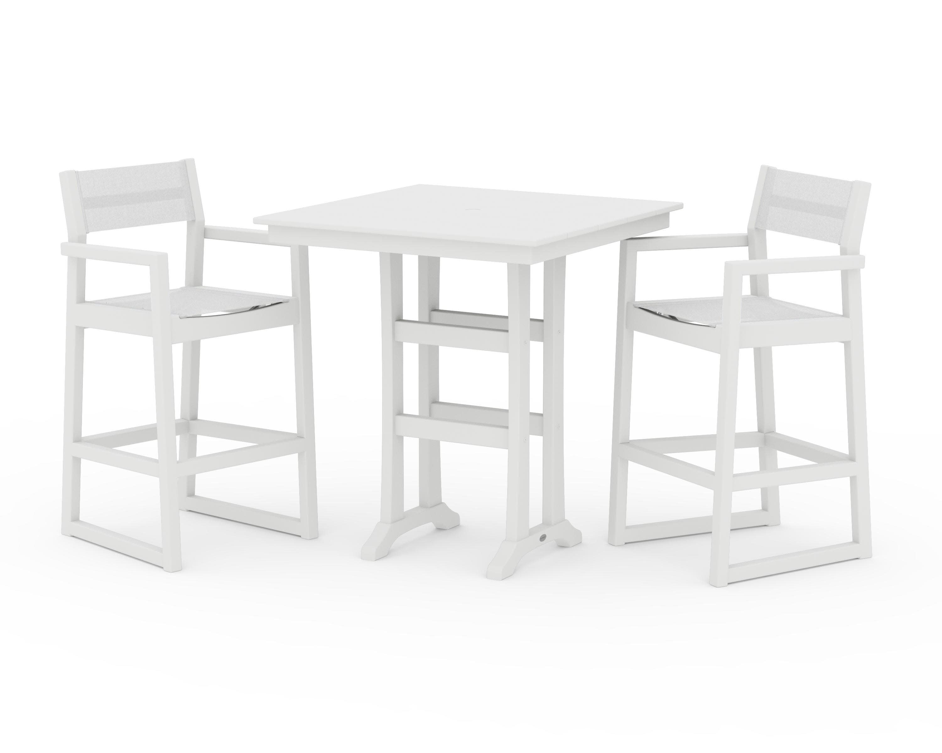 EDGE Sling Arm Chair 3-Piece Farmhouse Bar Set with Trestle Legs in White / White Sling