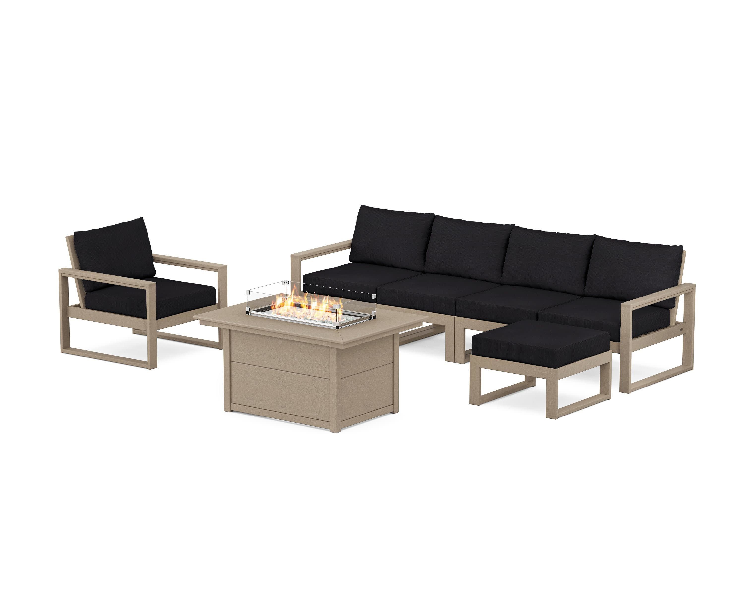 EDGE Sectional Lounge and Fire Pit Set in Vintage Sahara / Midnight Linen