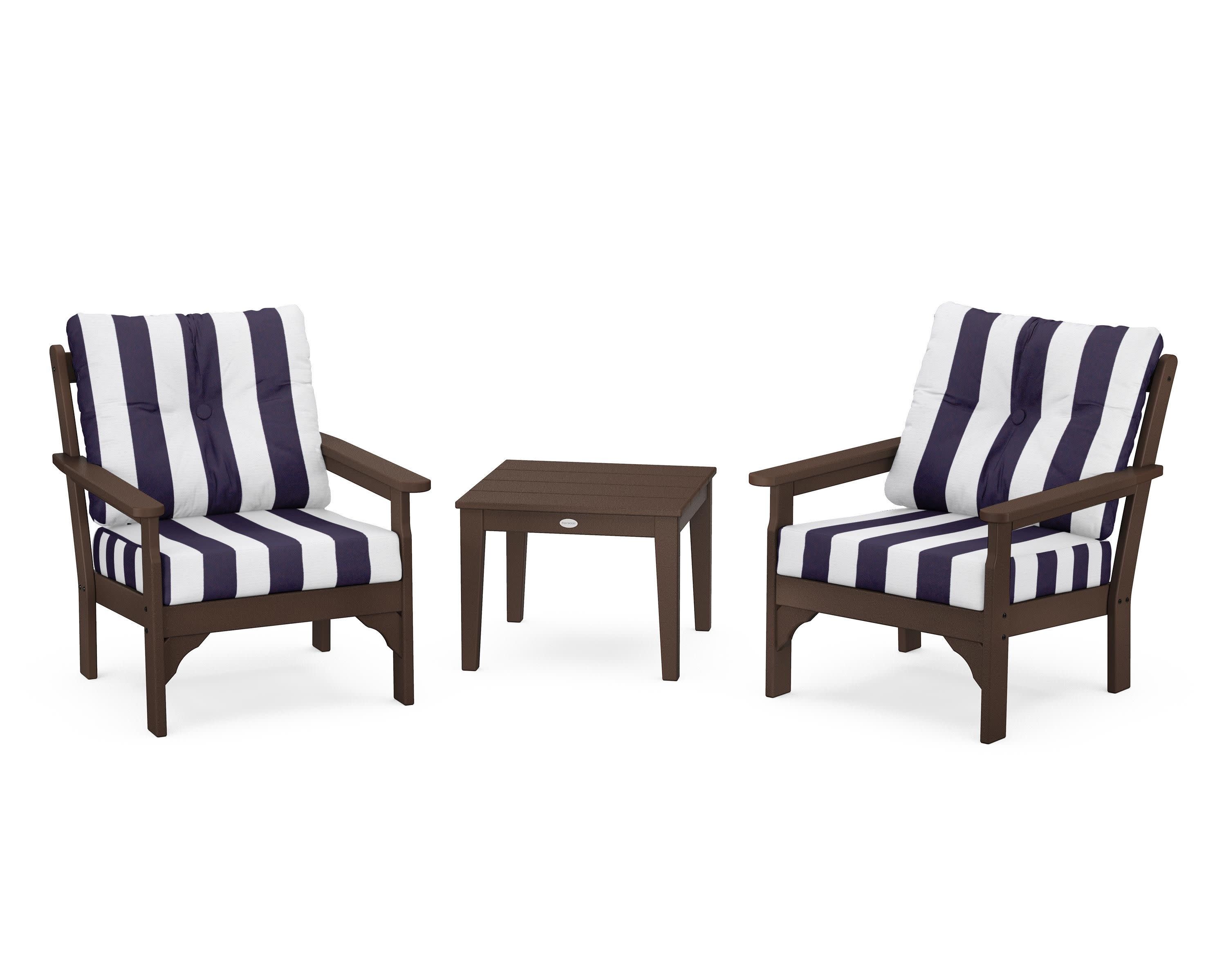 Vineyard 3-Piece Deep Seating Set in Mahogany / Cabana Stripe Navy