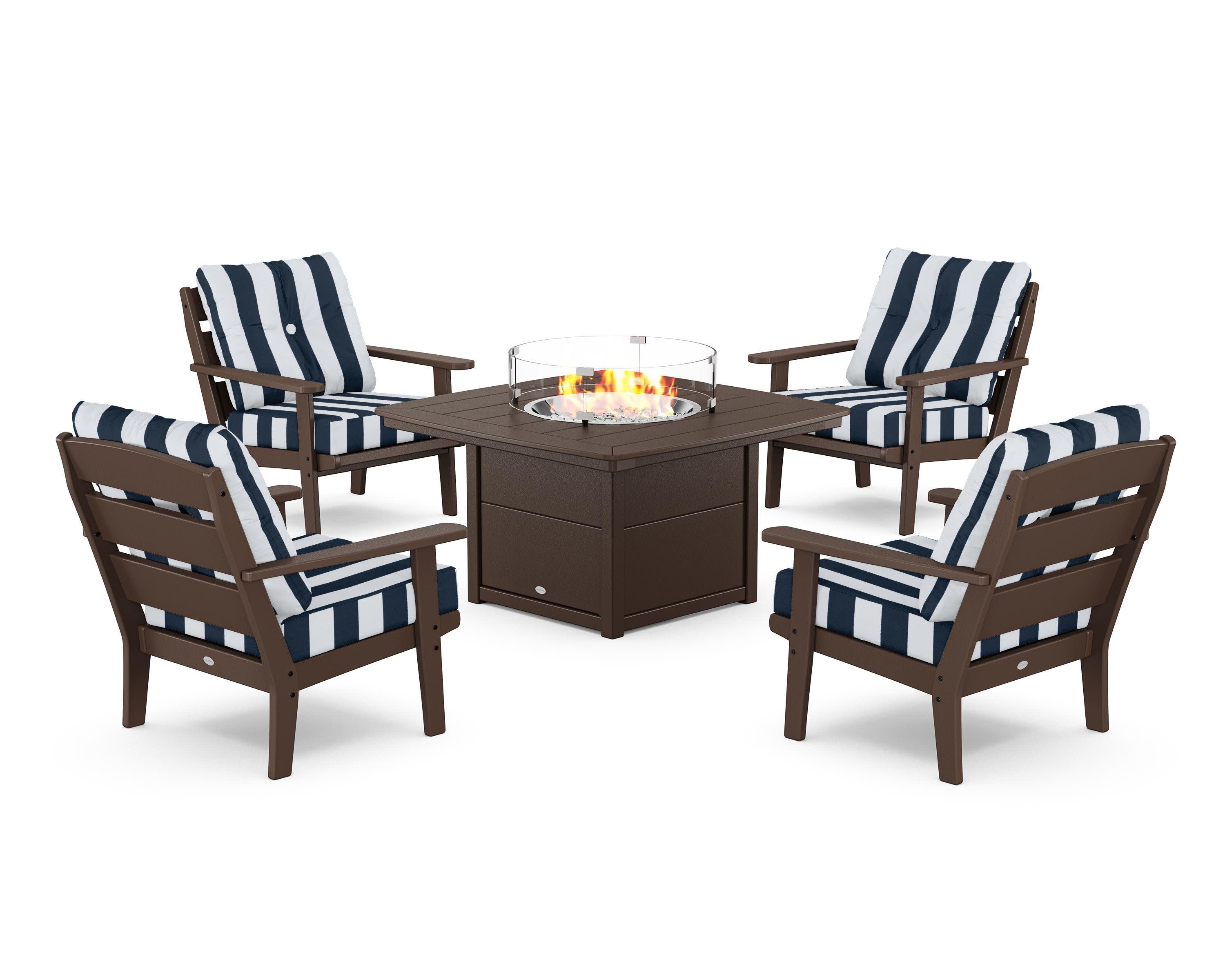 Lakeside 5-Piece Deep Seating Set with Nautical Fire Pit Table in Mahogany / Cabana Stripe Marine Indigo