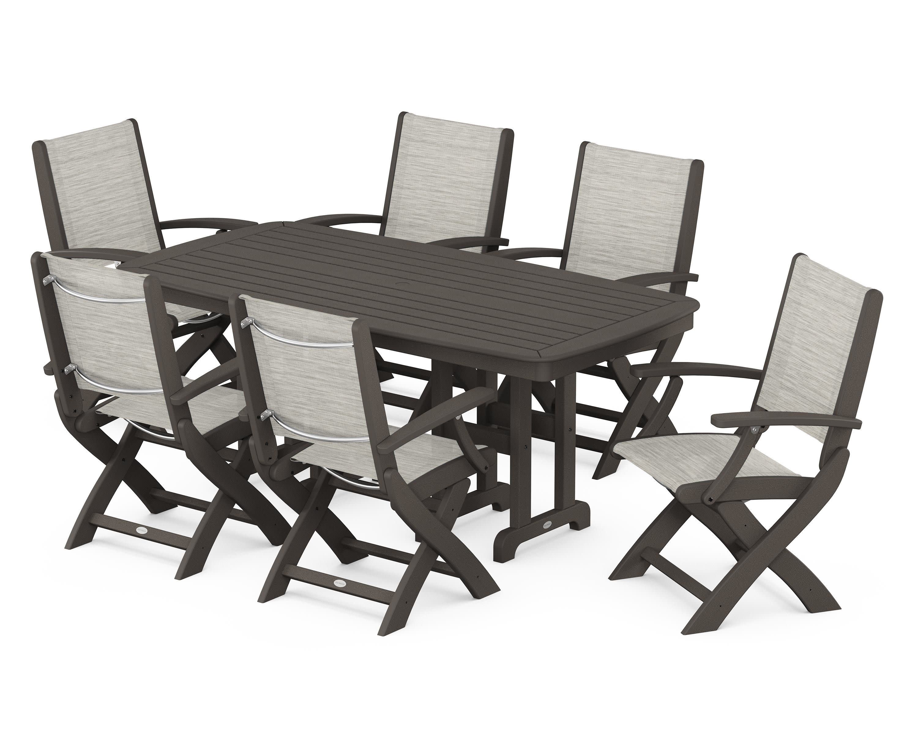 Coastal Folding Arm Chair 7-Piece Dining Set in Vintage Coffee / Birch Sling