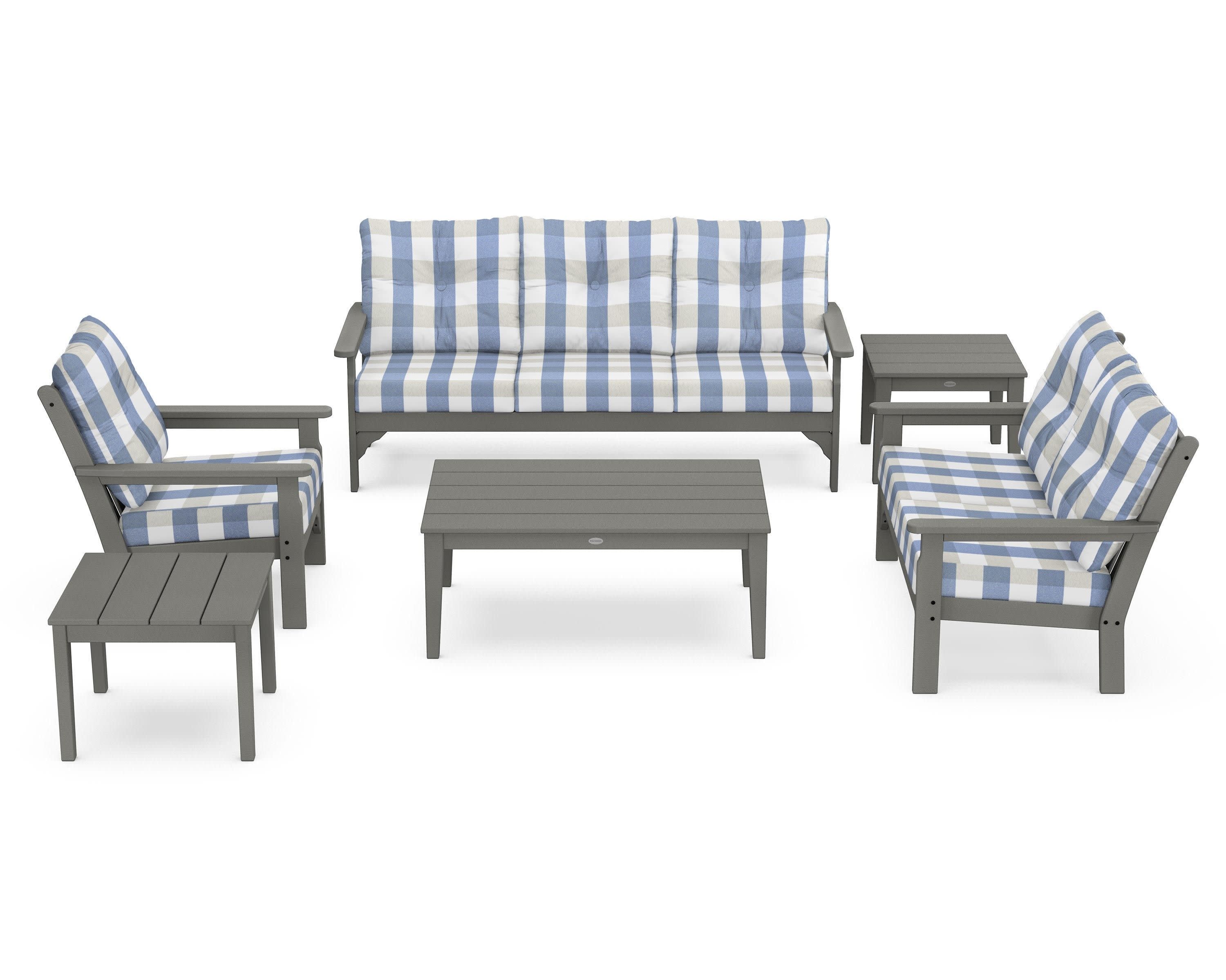 Vineyard 6-Piece Deep Seating Set in Slate Grey / Buffalo Plaid Sky Blue