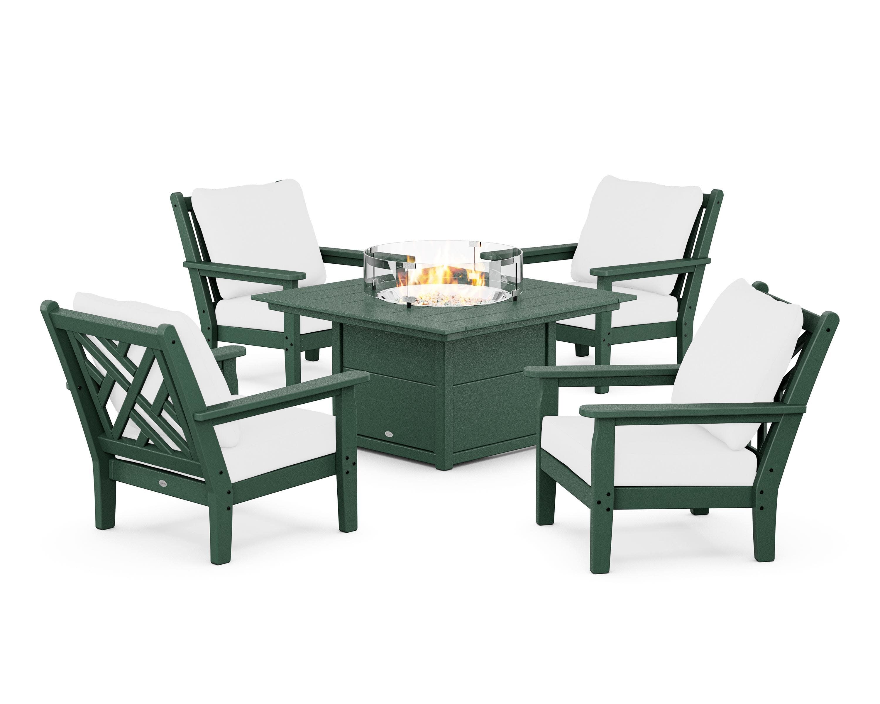Chippendale 5-Piece Deep Seating Set with Fire Pit Table in Green / Natural