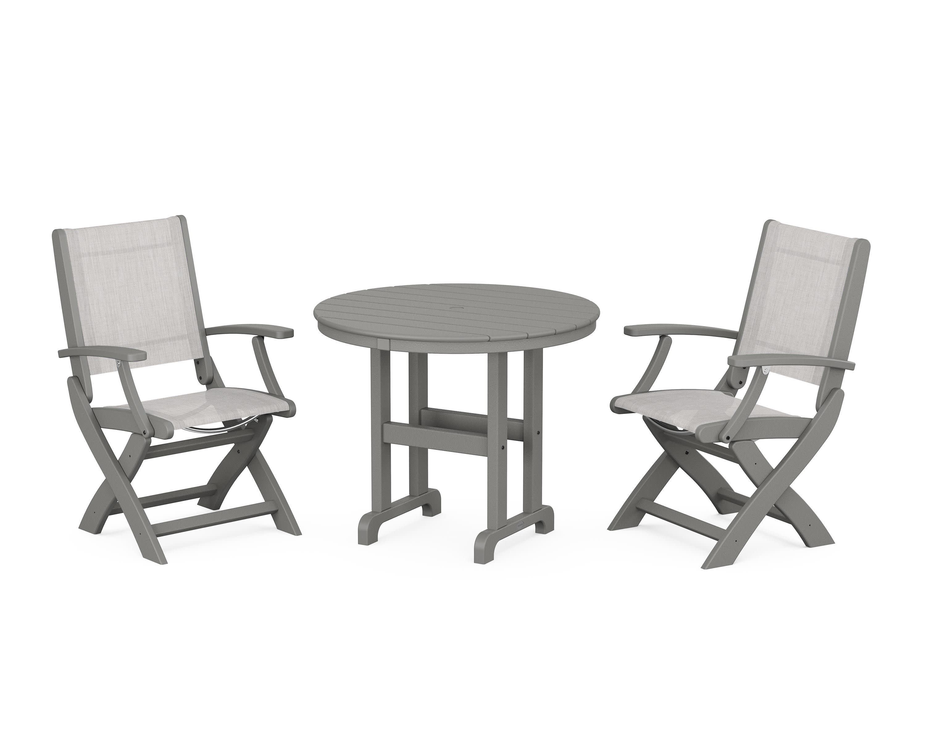 Coastal Folding Chair 3-Piece Round Dining Set in Slate Grey / Parchment Sling