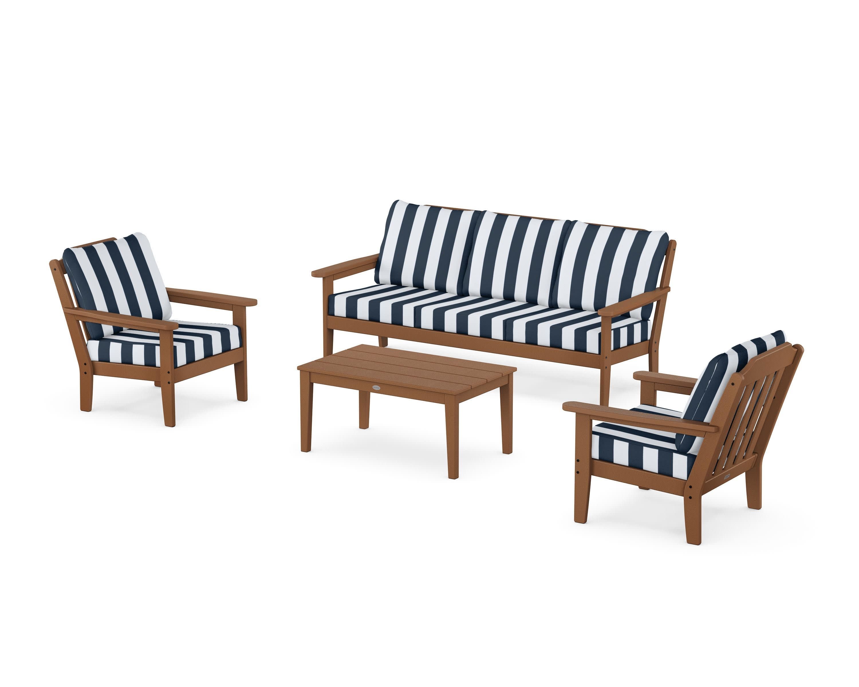 Cottage 4-Piece Deep Seating Set with Sofa in Teak / Cabana Stripe Marine Indigo