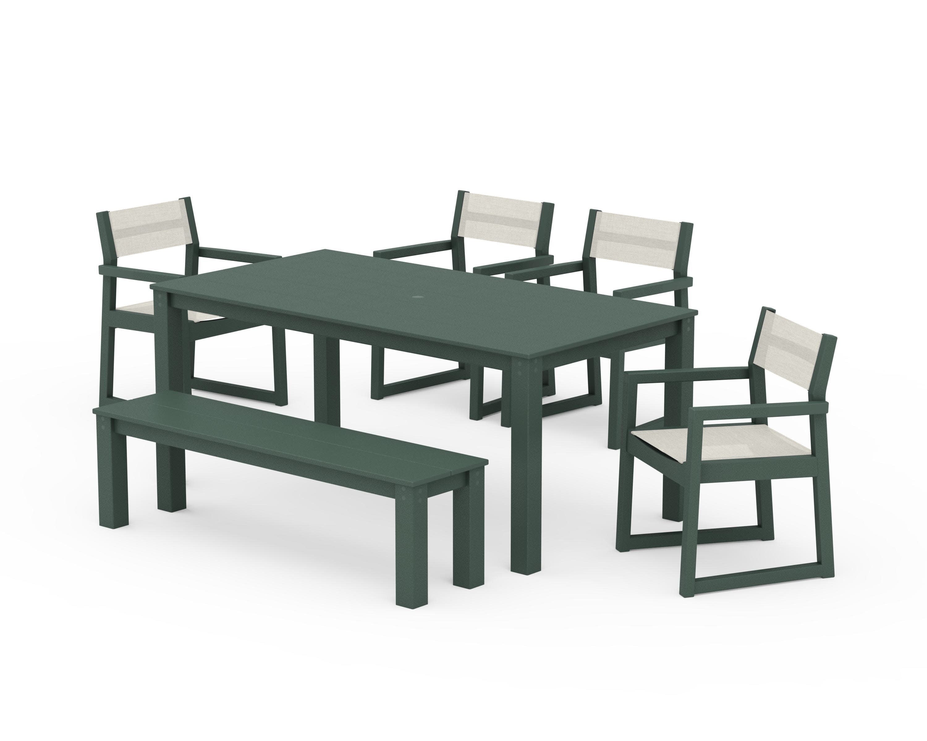 EDGE Sling Arm Chair 6-Piece Parsons Dining Set with Bench in Green / Parchment Sling