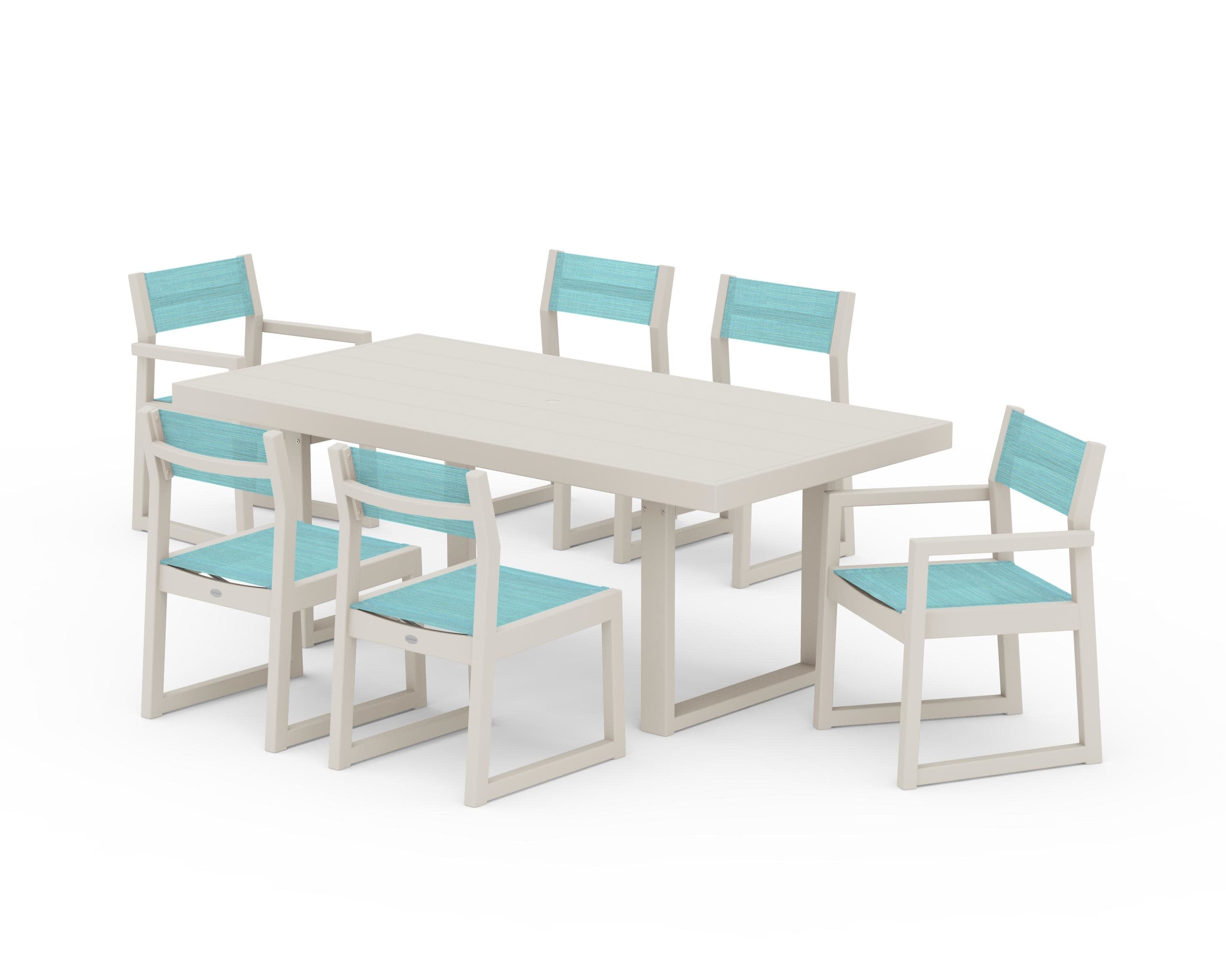 EDGE Sling 7-Piece Dining Set in Sand / Dupioni Aquamarine Sling