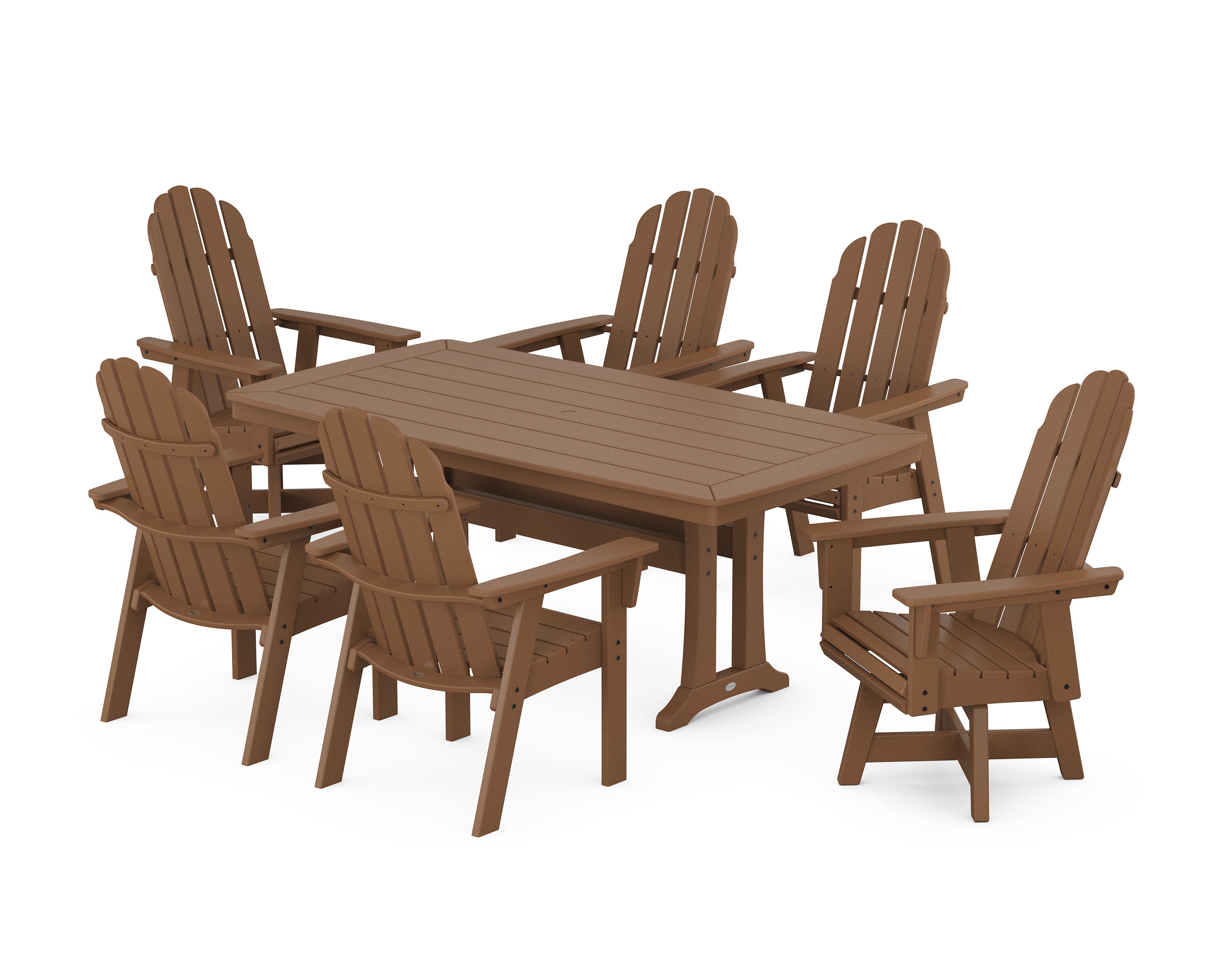 Vineyard Curveback Adirondack Swivel Chair 7-Piece Dining Set with Trestle Legs in Teak