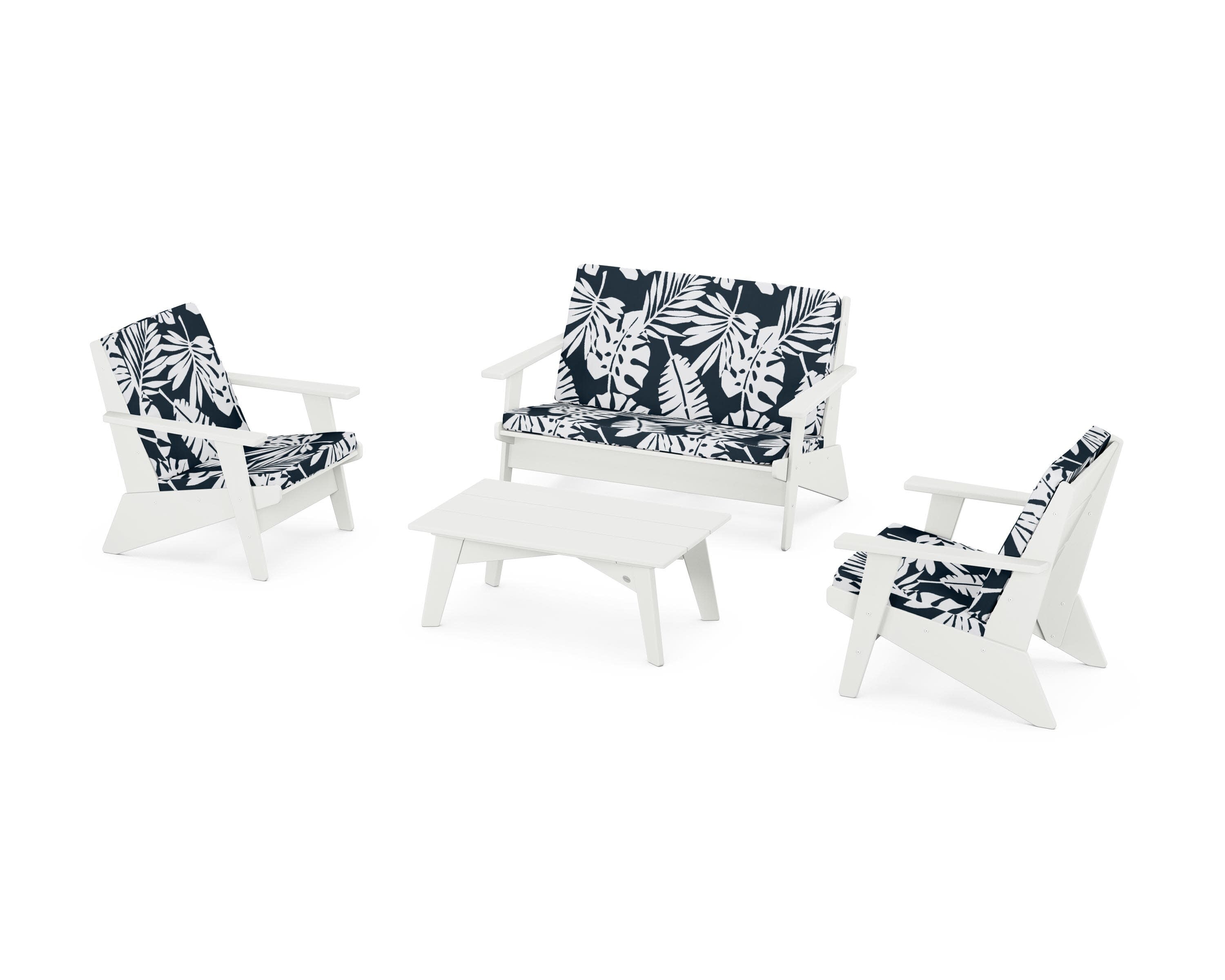 Riviera Modern Lounge 4-Piece Set in Vintage White / Leaf Marine Indigo