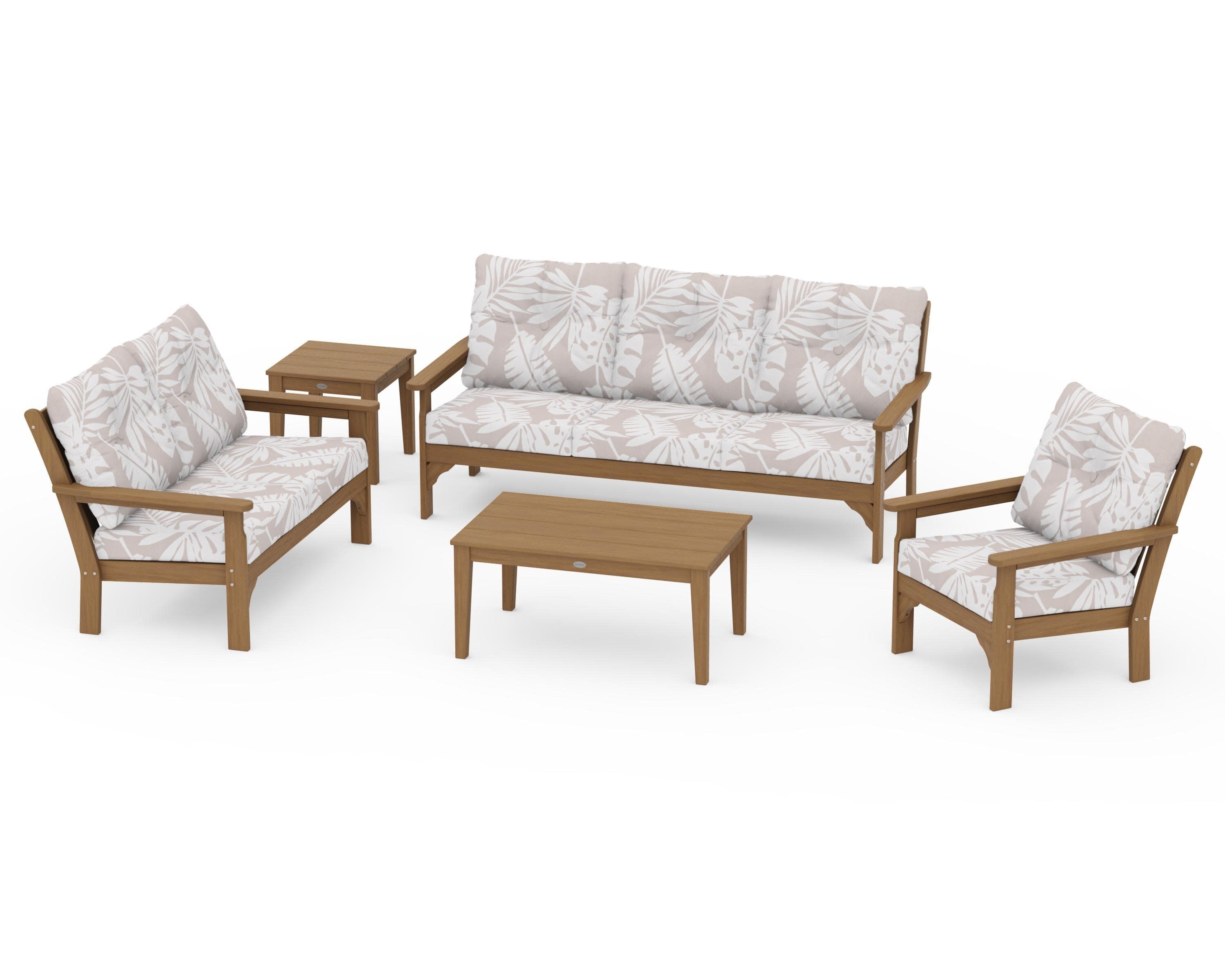 Vineyard 5 Piece Deep Seating Set in Natural / Leaf Dune Burlap