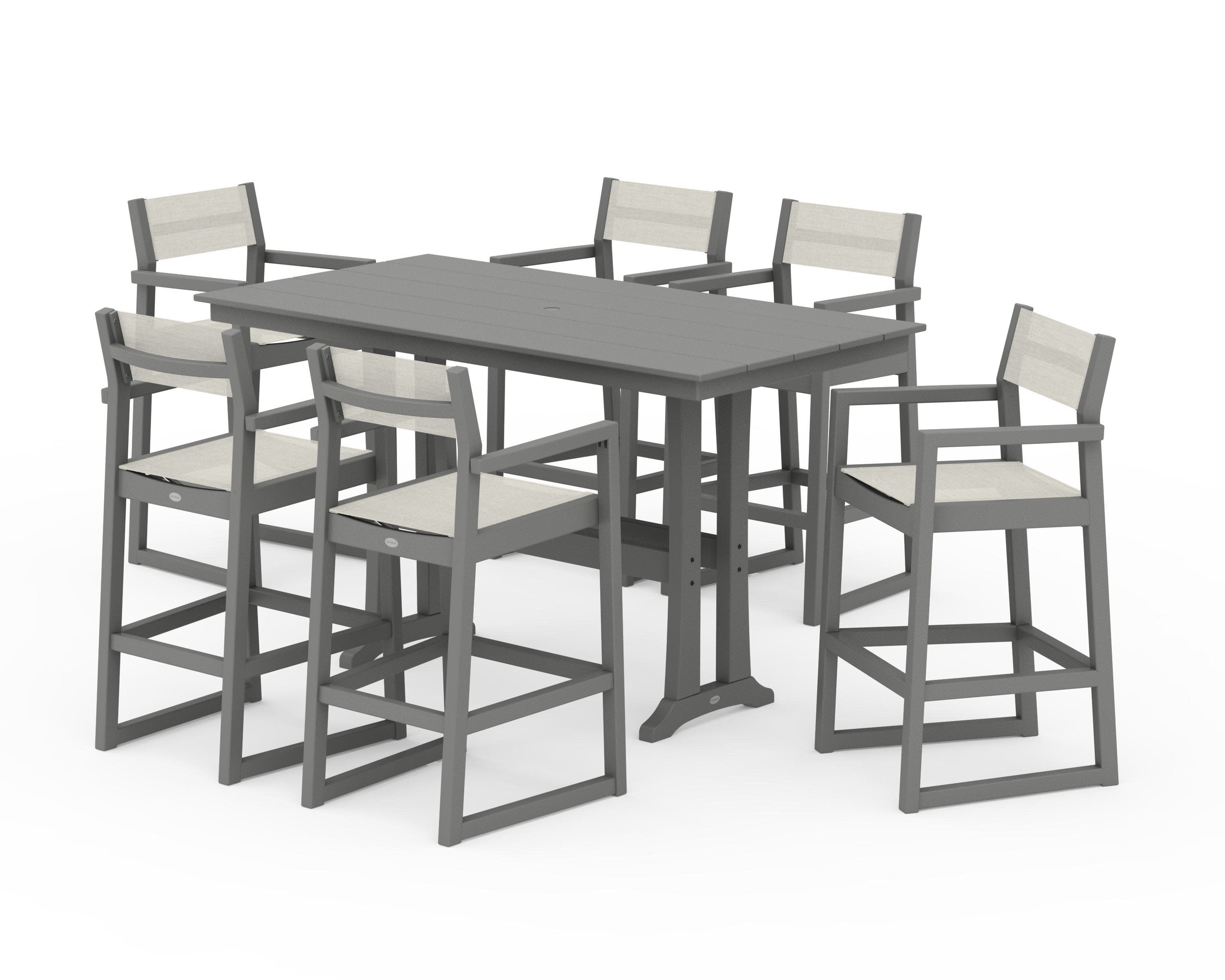EDGE Sling Arm Chair 7-Piece Farmhouse Bar Set with Trestle Legs in Slate Grey / Parchment Sling