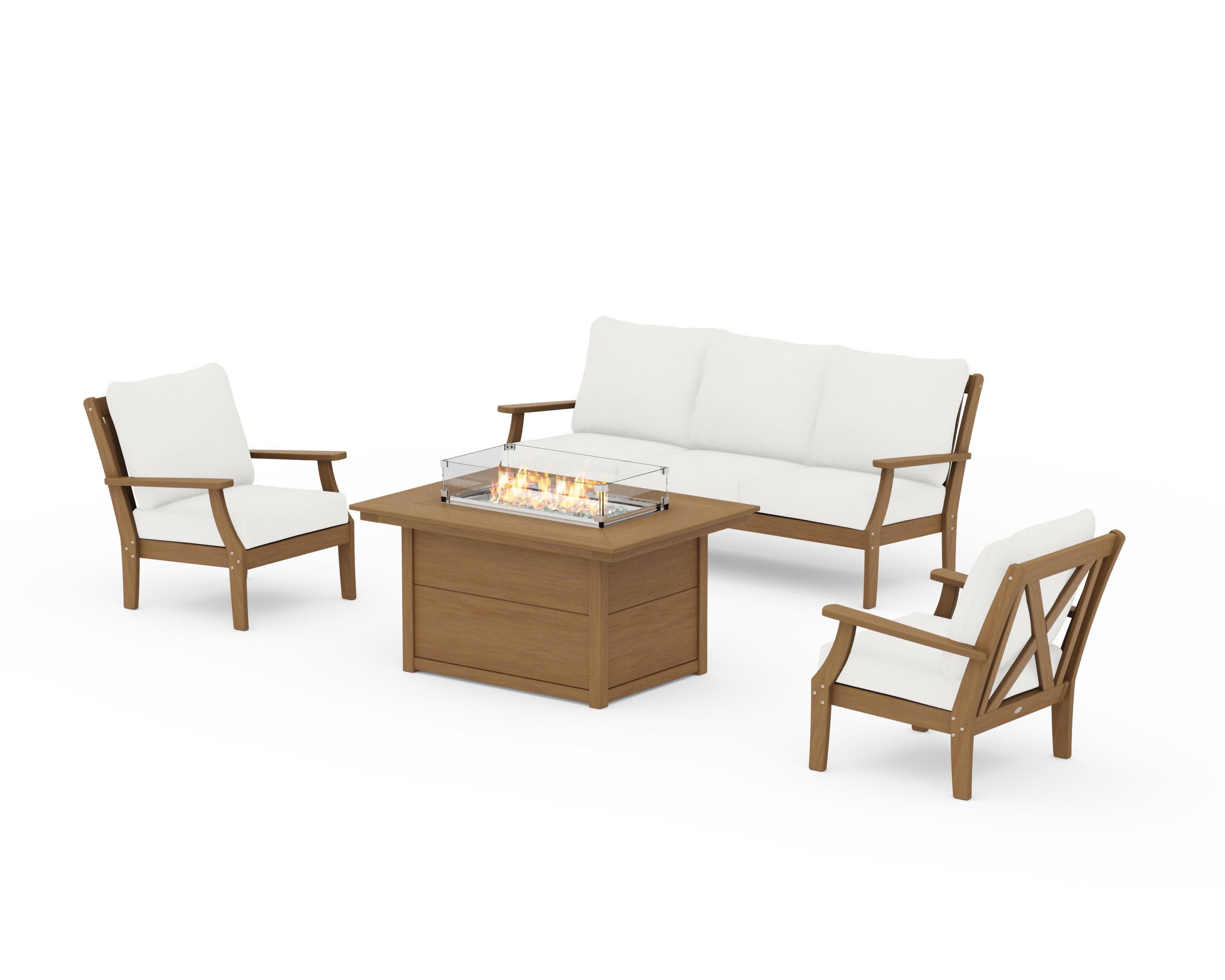 Braxton Deep Seating Fire Pit Table Set in Natural / Natural Linen