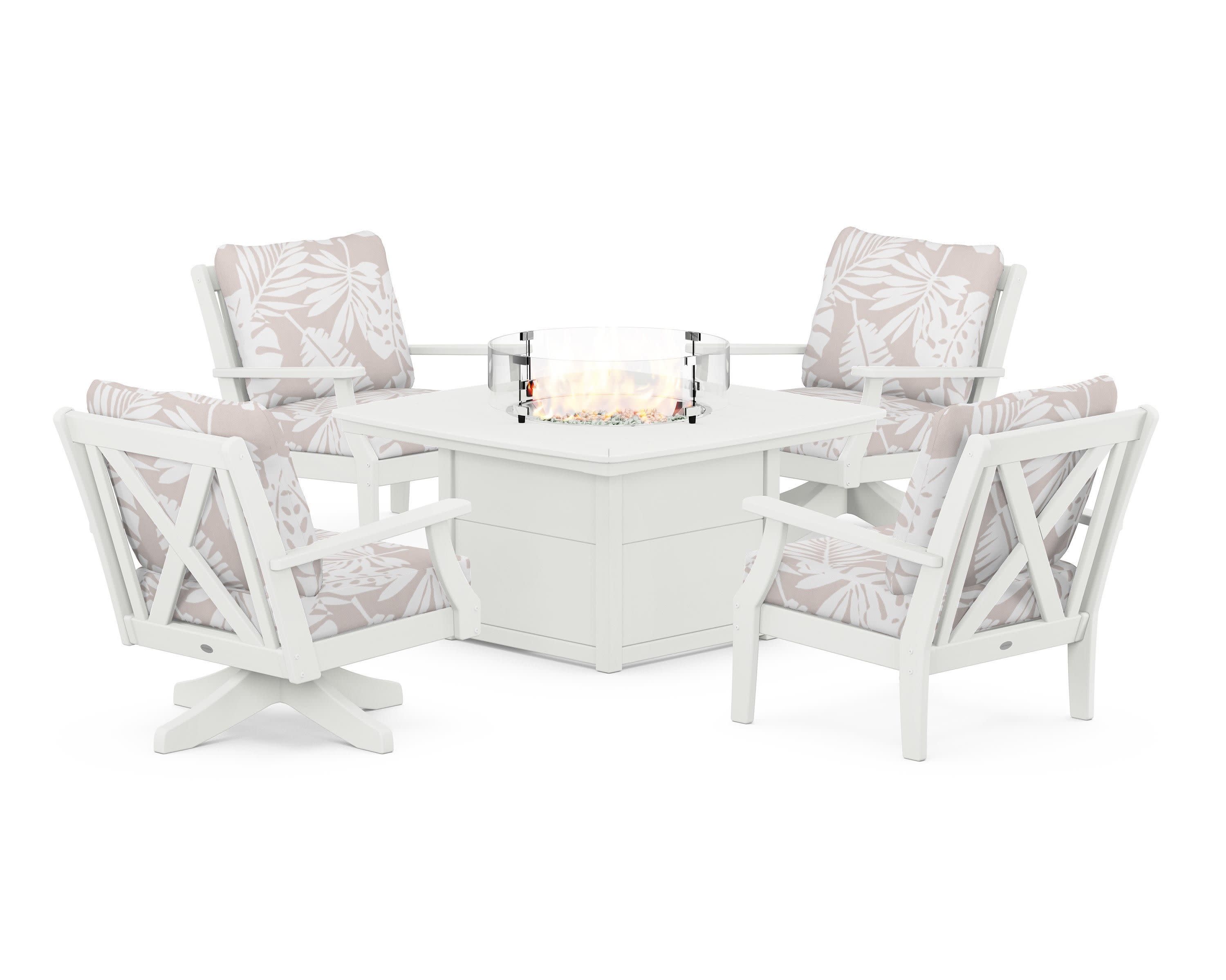 Braxton 5-Piece Deep Seating Set with Fire Table in Vintage White / Leaf Dune Burlap