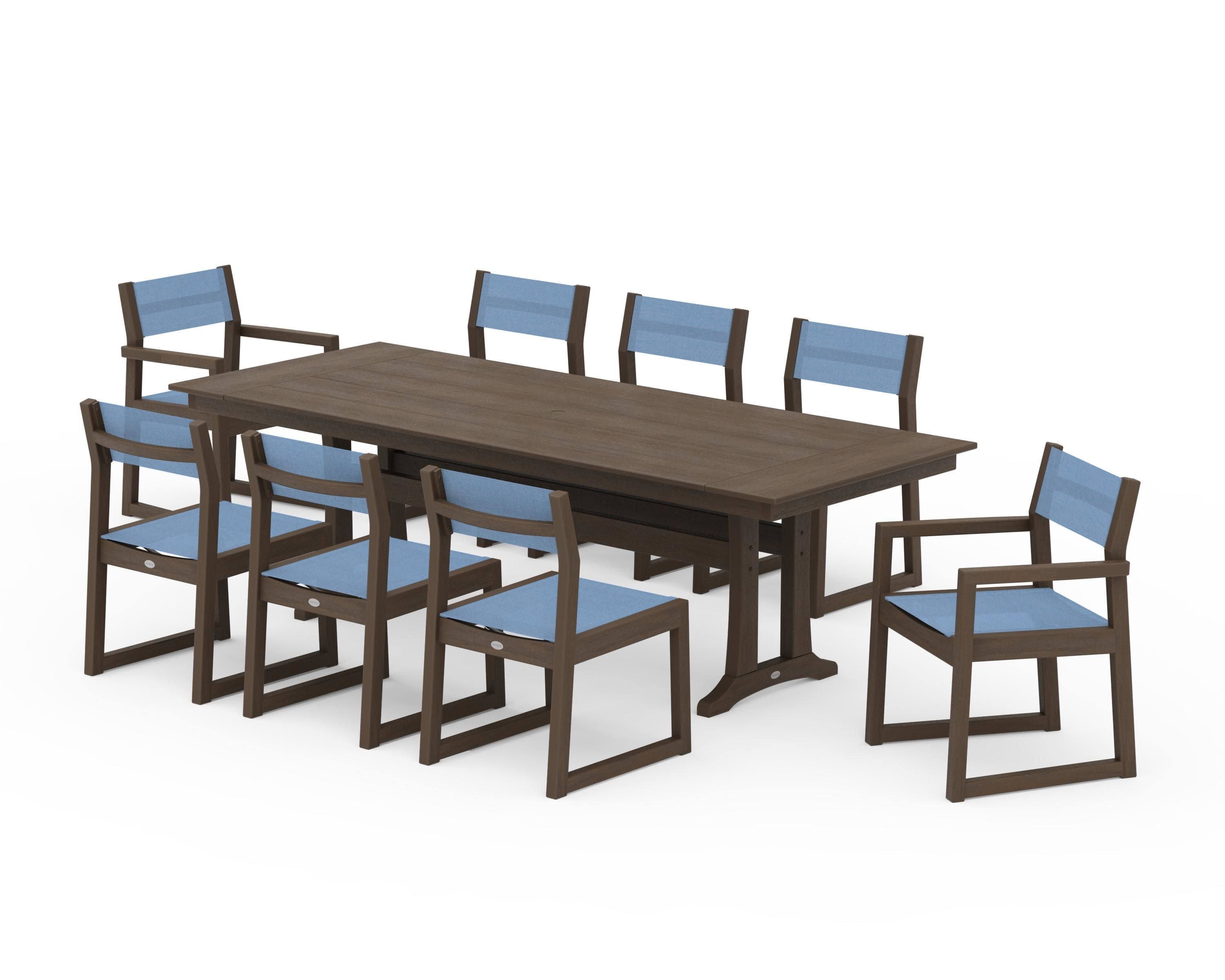 EDGE Sling 9-Piece Farmhouse Trestle Dining Set in Kona / Poolside Sling