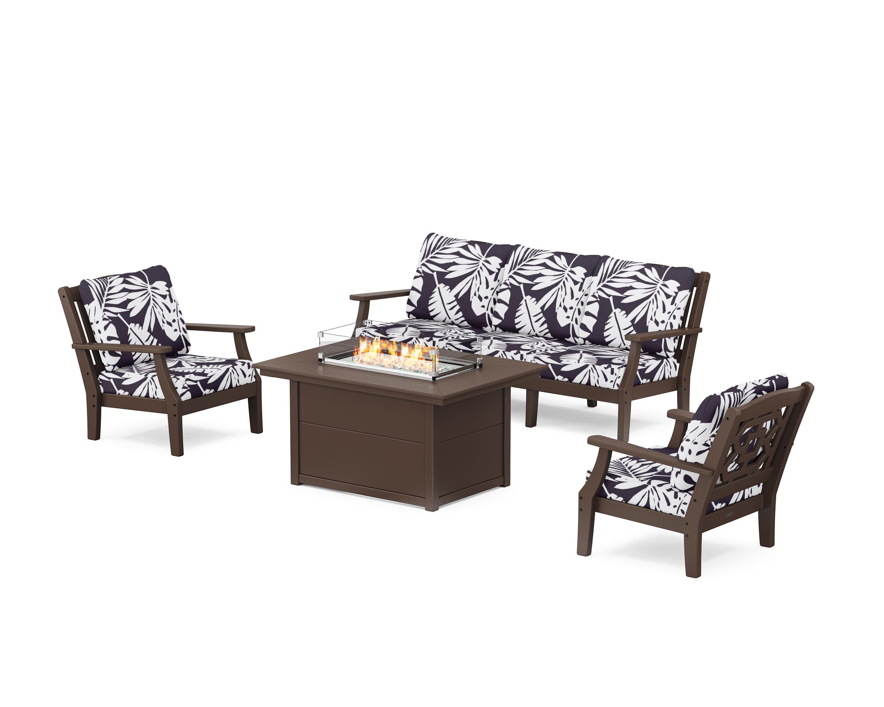 Chinoiserie Deep Seating Fire Pit Table Set in Mahogany / Leaf Navy
