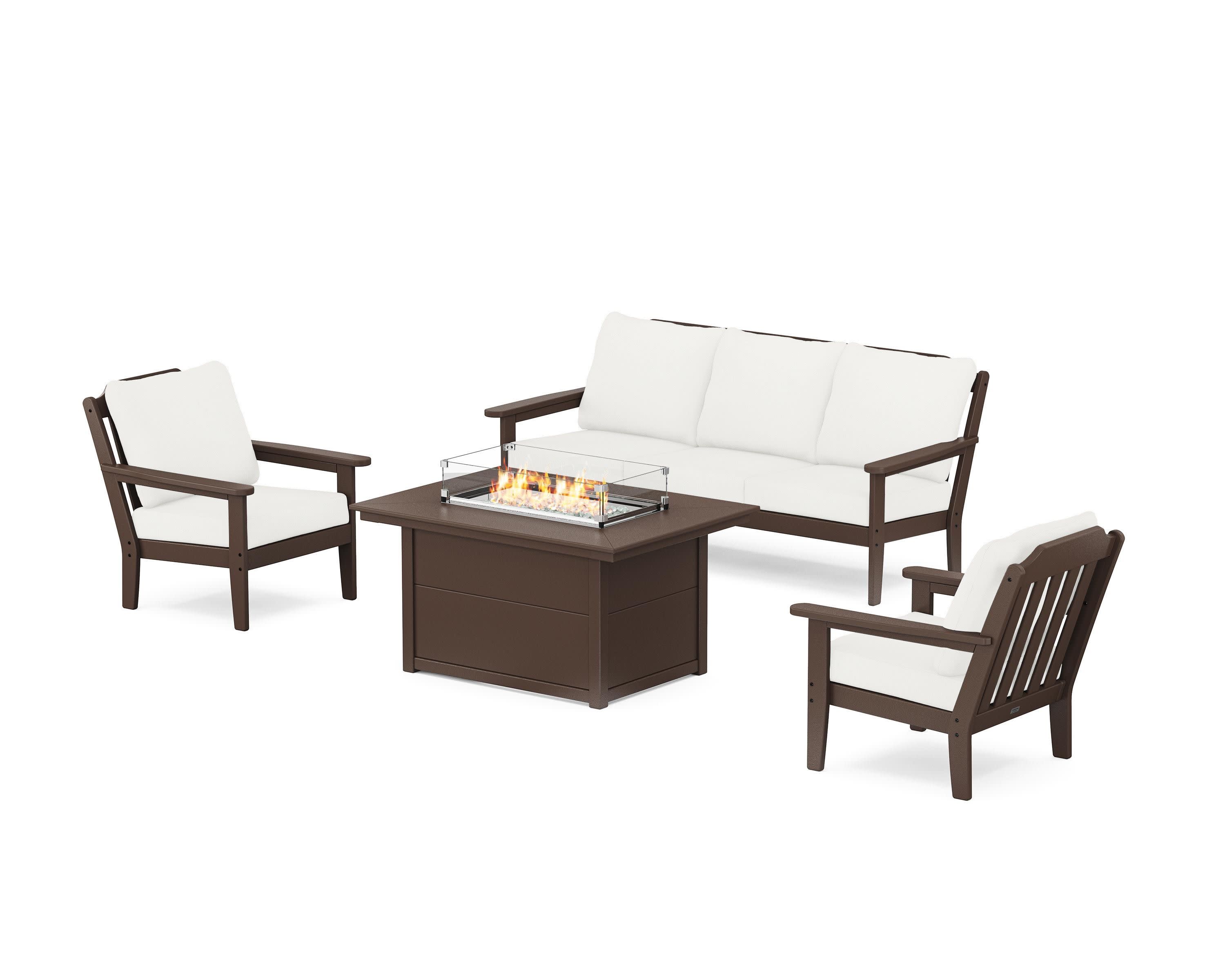 Cottage Deep Seating Fire Pit Table Set in Mahogany / Natural Linen