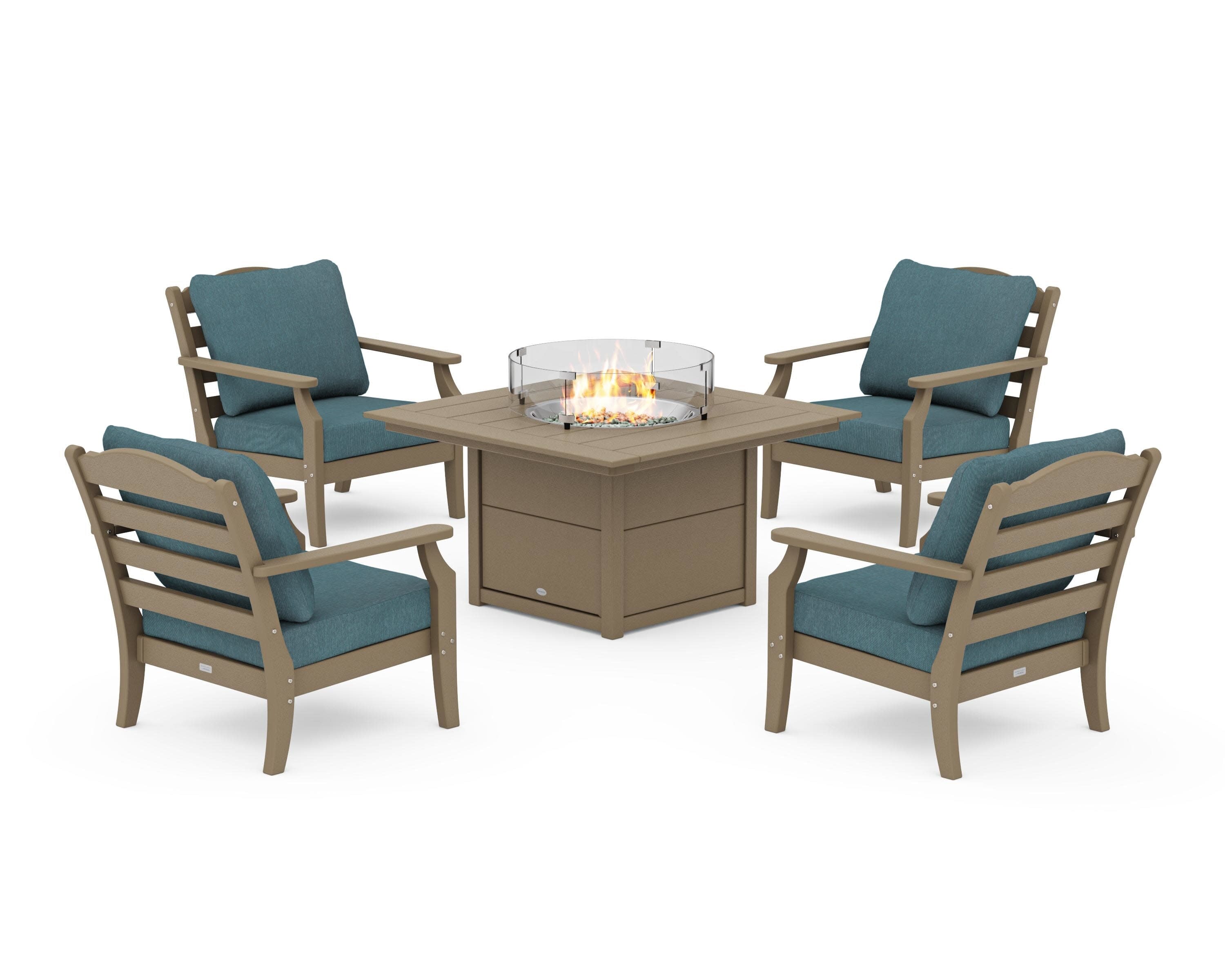 Savannah 5-Piece Deep Seating Set with Fire Pit Table in Vintage Sahara / Ocean Teal