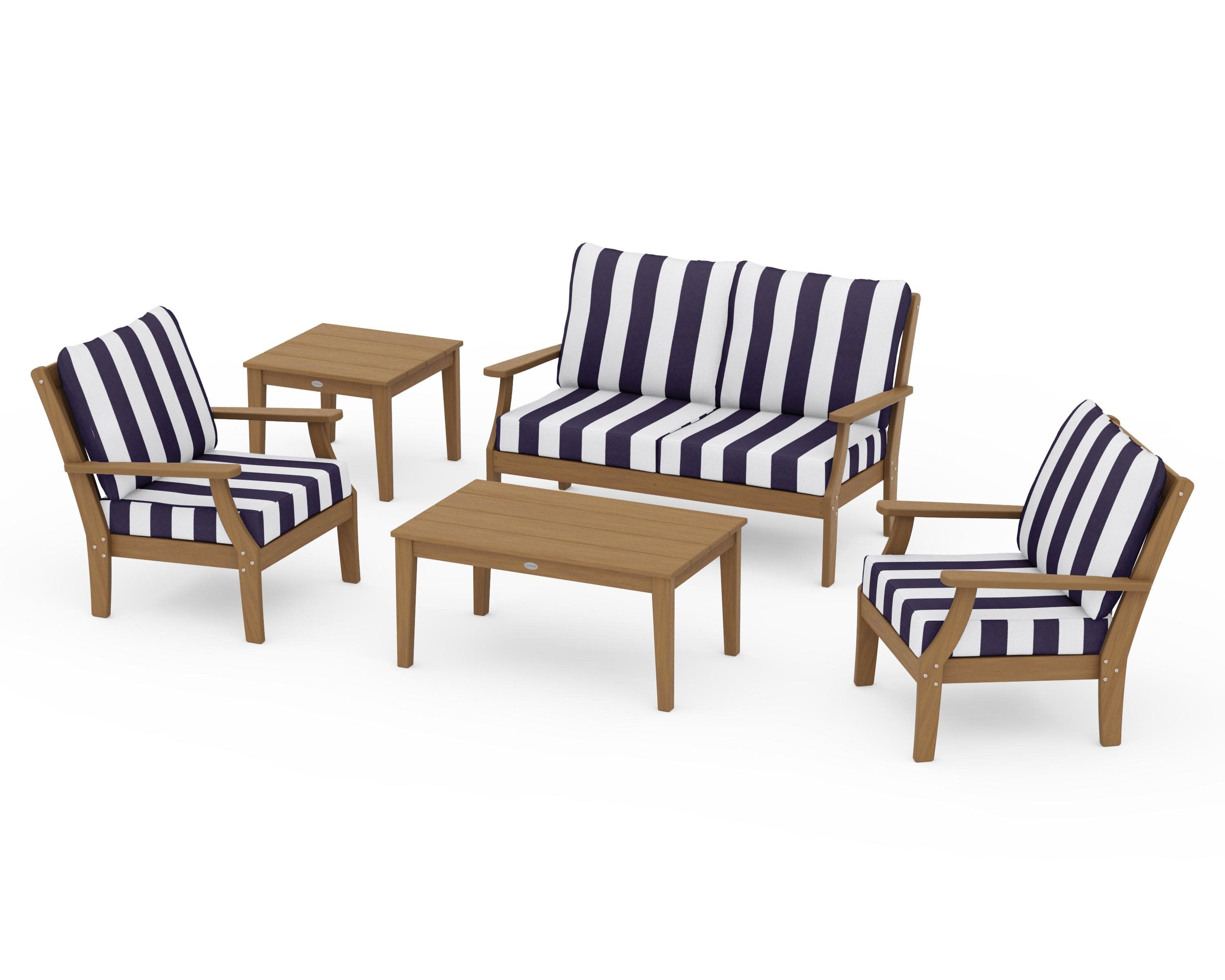 Braxton 5-Piece Deep Seating Set in Natural / Cabana Stripe Navy