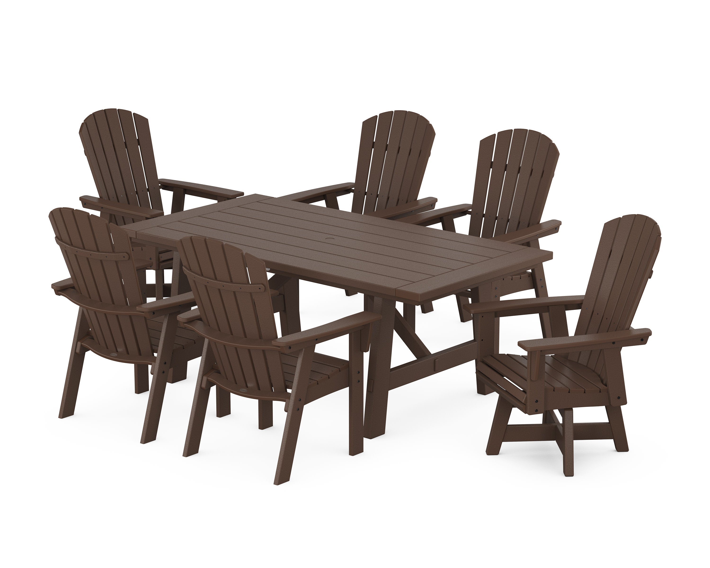 Nautical Curveback Adirondack Swivel Chair 7-Piece Rustic Farmhouse Dining Set in Mahogany