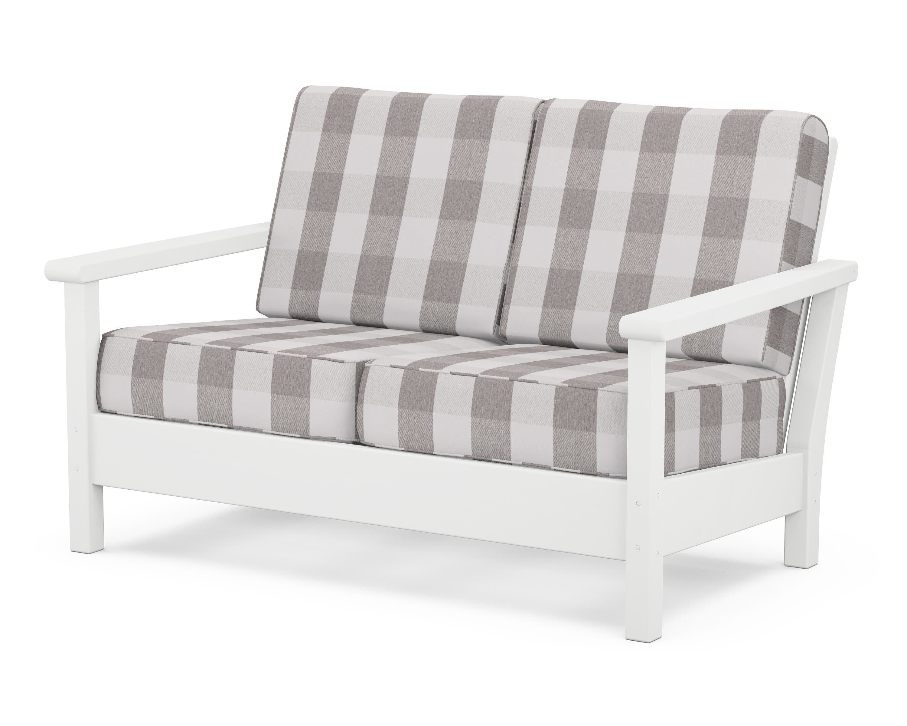 Harbour Deep Seating Loveseat in White / Buffalo Plaid Grey Mist