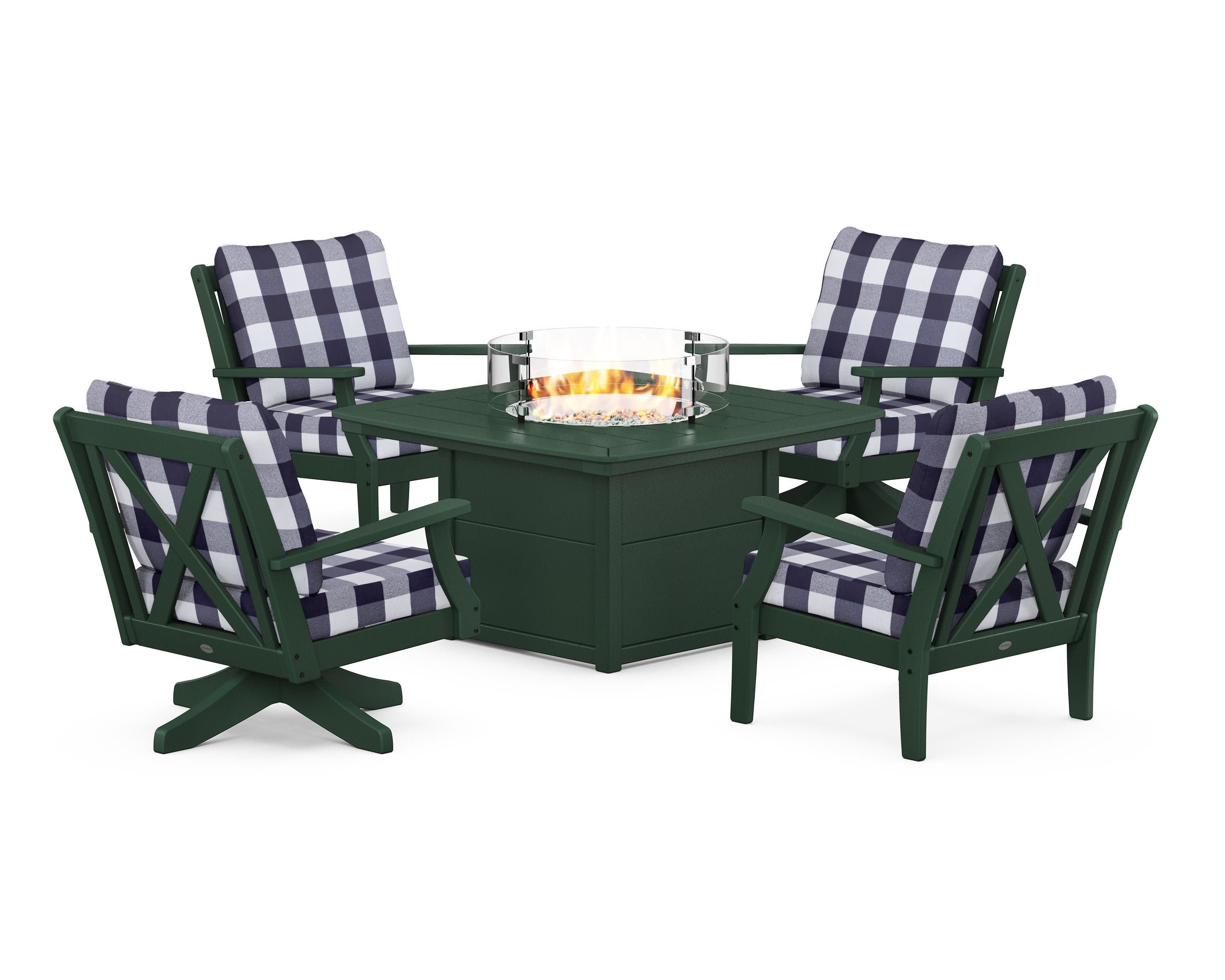 Braxton 5-Piece Deep Seating Set with Fire Table in Green / Buffalo Plaid Navy