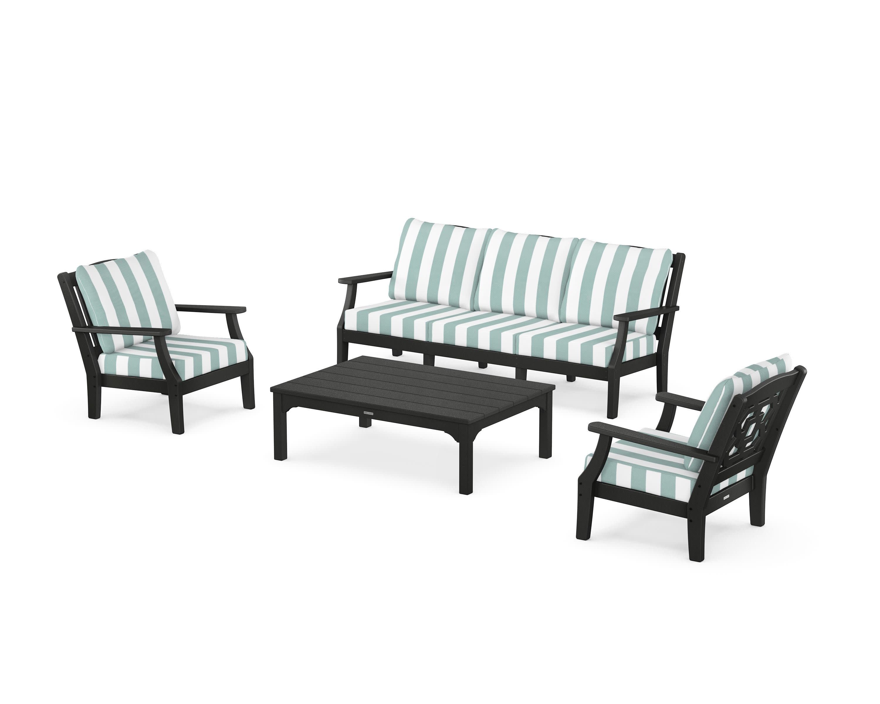 Chinoiserie 4-Piece Deep Seating Set with Sofa in Black / Cabana Stripe Glacier Spa