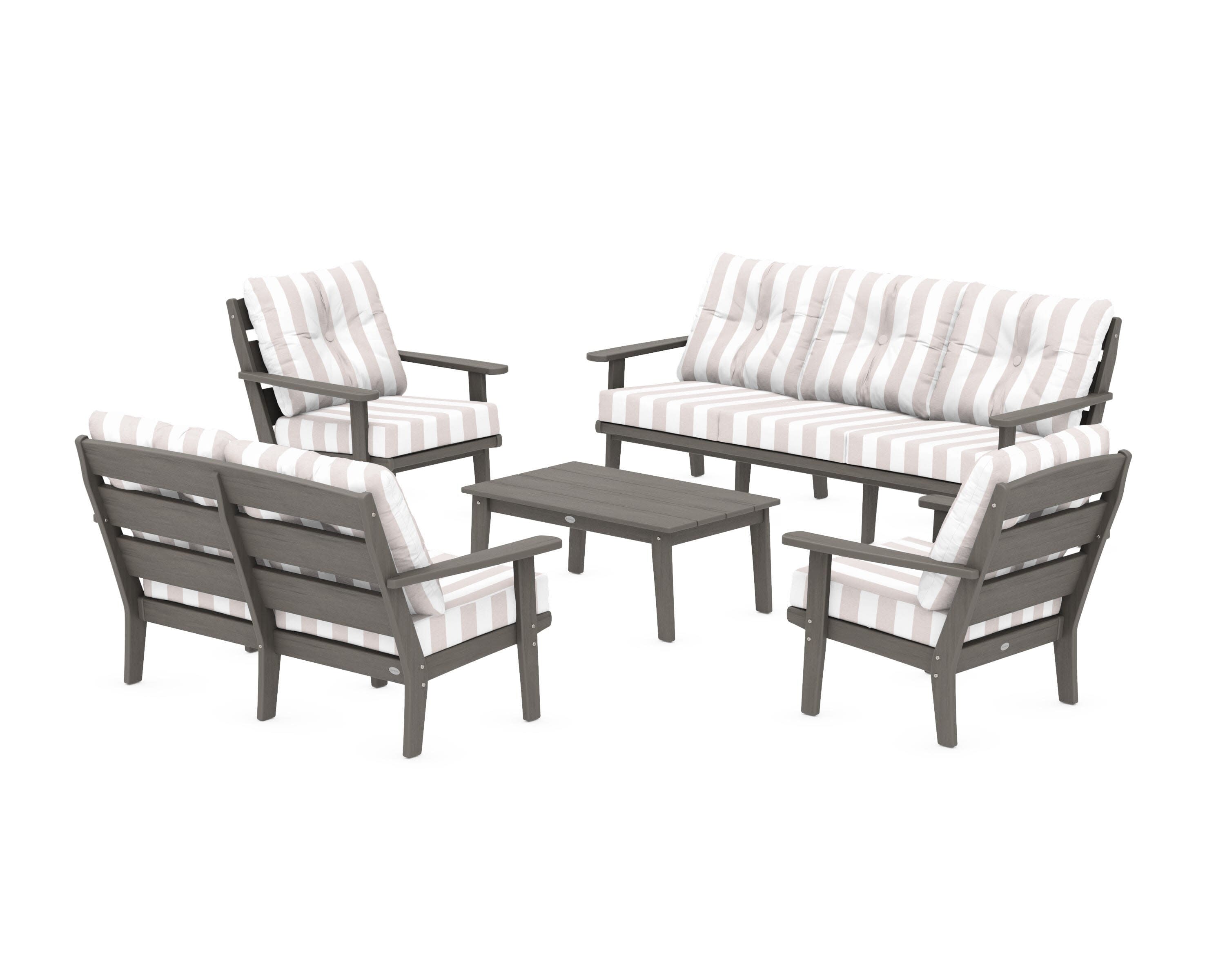 Lakeside 5-Piece Lounge Sofa Set in Driftwood / Cabana Stripe Dune Burlap