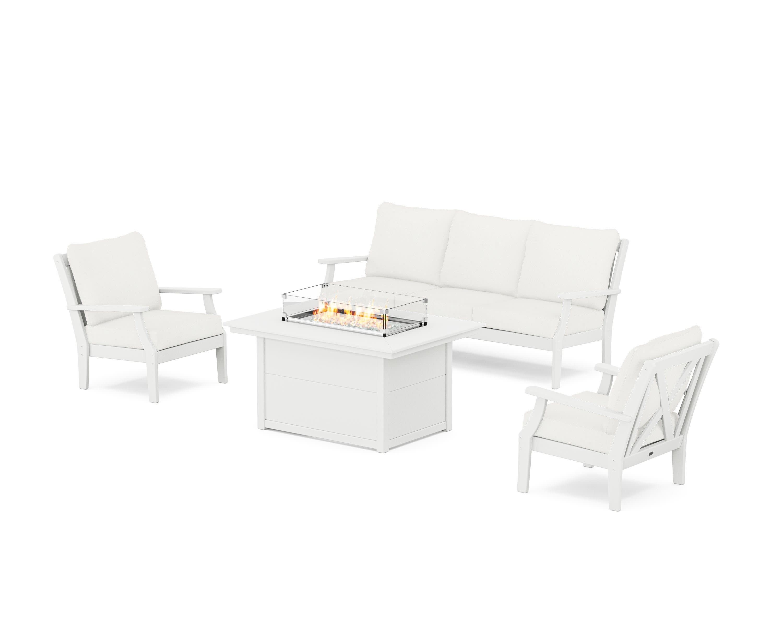 Braxton Deep Seating Fire Pit Table Set in White / Natural Linen