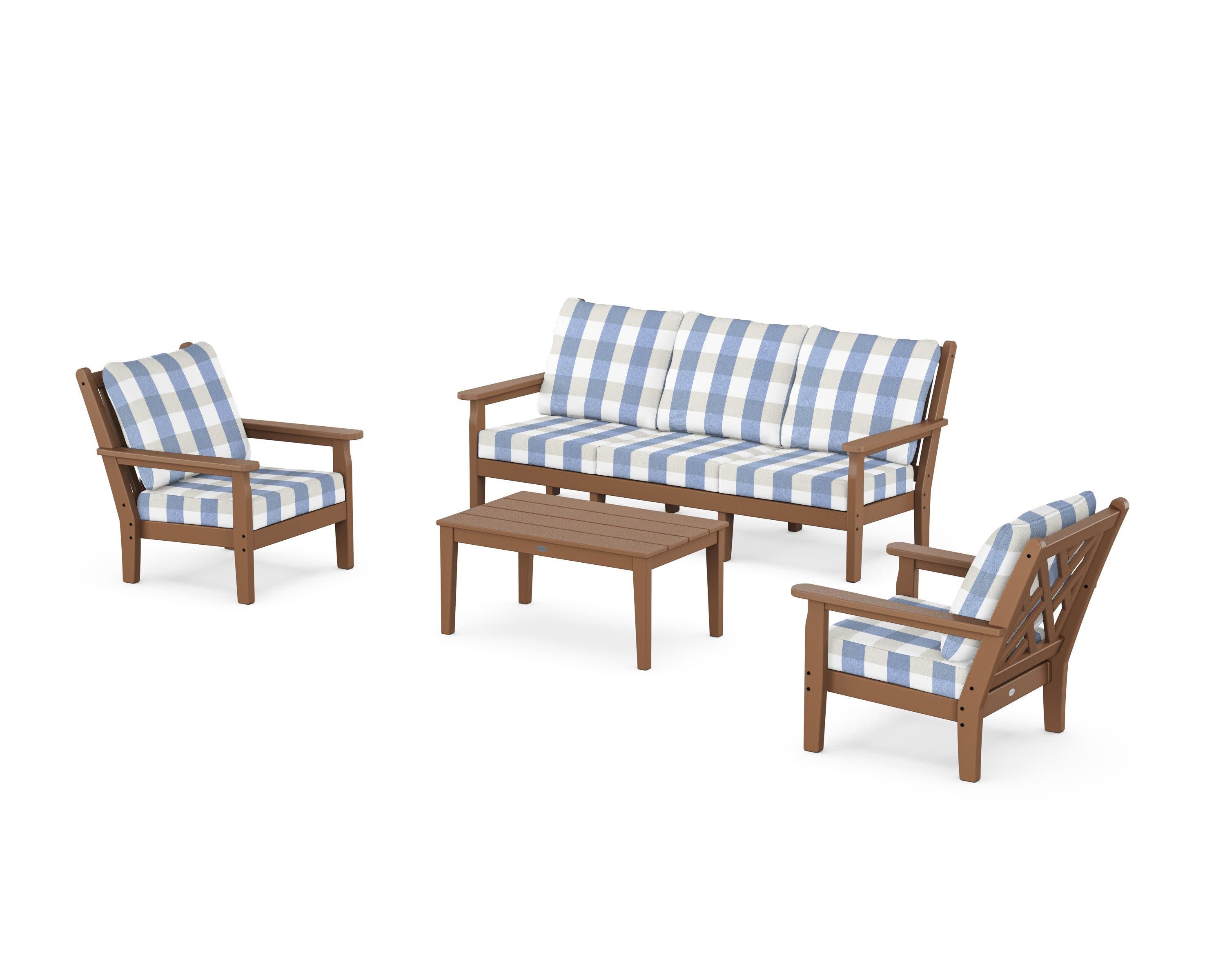 Chippendale 4-Piece Deep Seating Set with Sofa in Teak / Buffalo Plaid Sky Blue