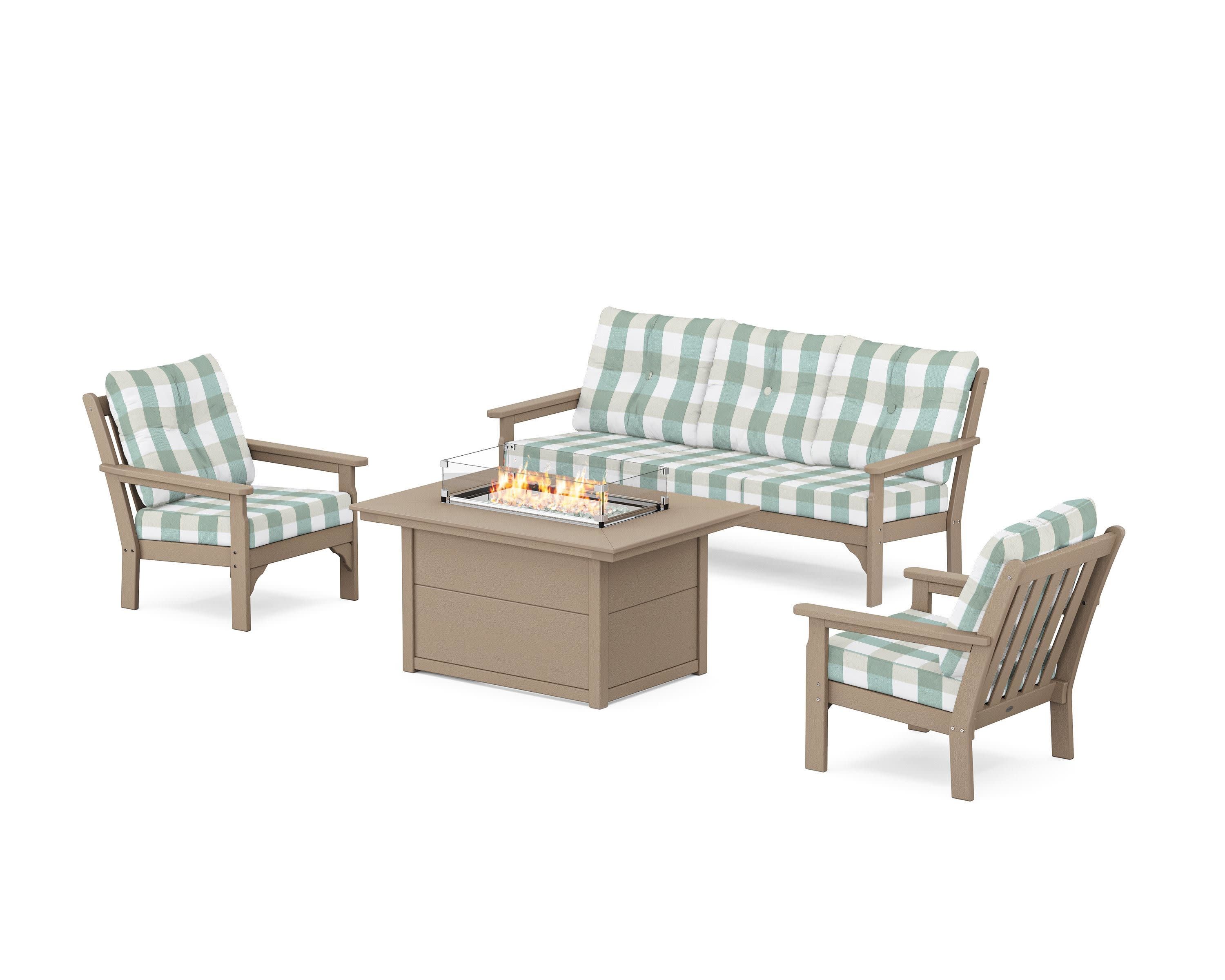 Vineyard Deep Seating Fire Pit Table Set in Vintage Sahara / Buffalo Plaid Glacier Spa