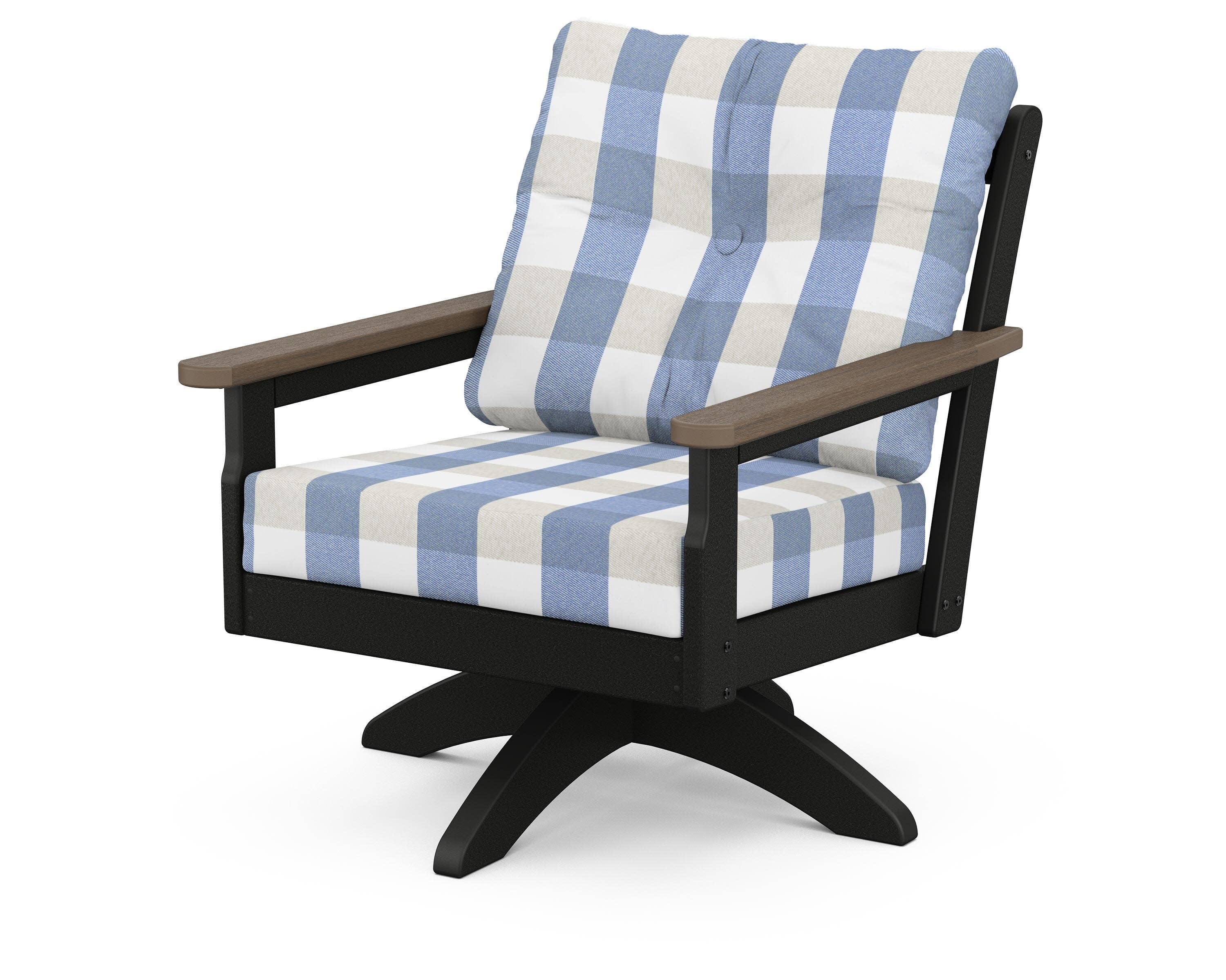 Vineyard Deep Seating Swivel Chair in Black / Kona / Buffalo Plaid Sky Blue