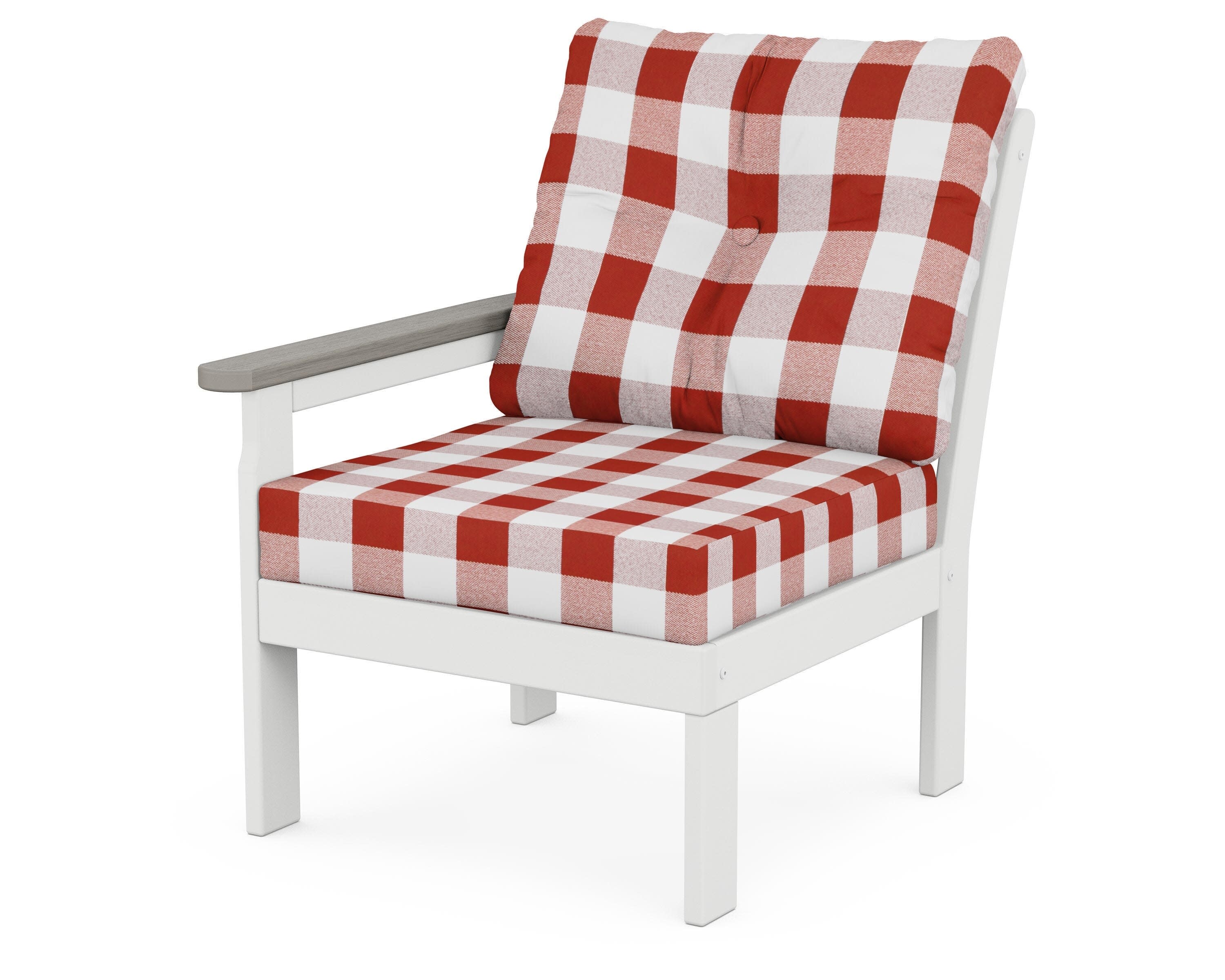 Vineyard Modular Left Arm Chair in White / Driftwood / Buffalo Plaid Crimson