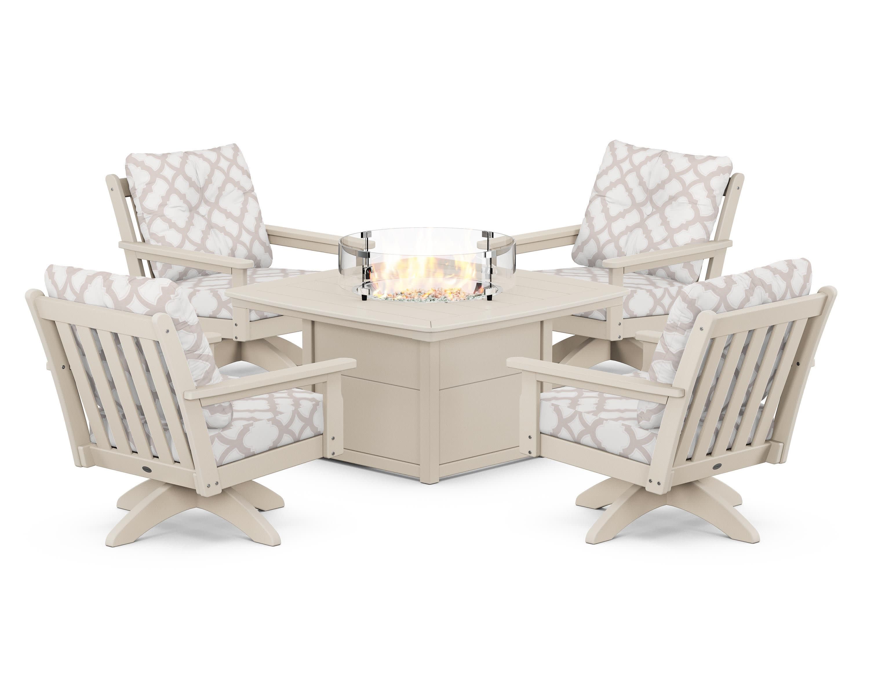 Vineyard 5-Piece Deep Seating Swivel Conversation Set with Fire Pit Table in Sand / Trellis Dune Burlap